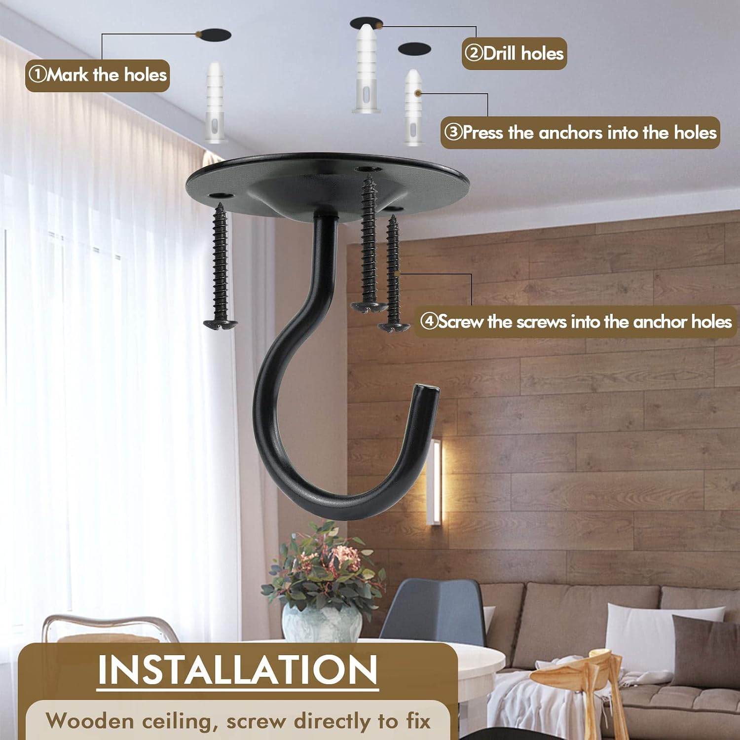 BOLITE Ceiling Hooks for Hanging Plants, Wall Mount Metal Hangers for Bird Feeders, Plants, Lanterns, String Lights, Wind Chimes, Indoor and Outdoor Decorations, Black, 4 Pack