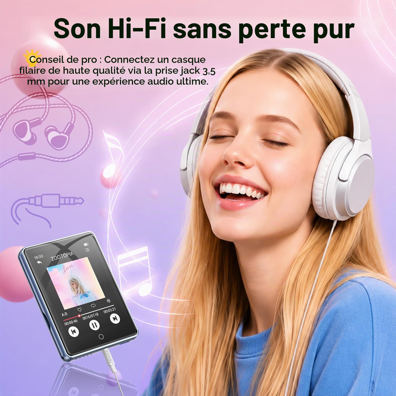 Lecteur MP3 Bluetooth 5.3 avec Écran Tactile Complet de 2,8 Pouces, Haut-Parleur Intégré, 32 Go (Prend en Charge Jusqu'à 128 Go), Baladeur Musique HiFi sans Perte avec Radio FM