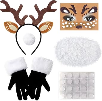Mprocen 7pcs Reindeer Custume Accessories Reindeer Antlers Headband Gloves Plush Belly Tail Face Sticker Christmas Dress Up