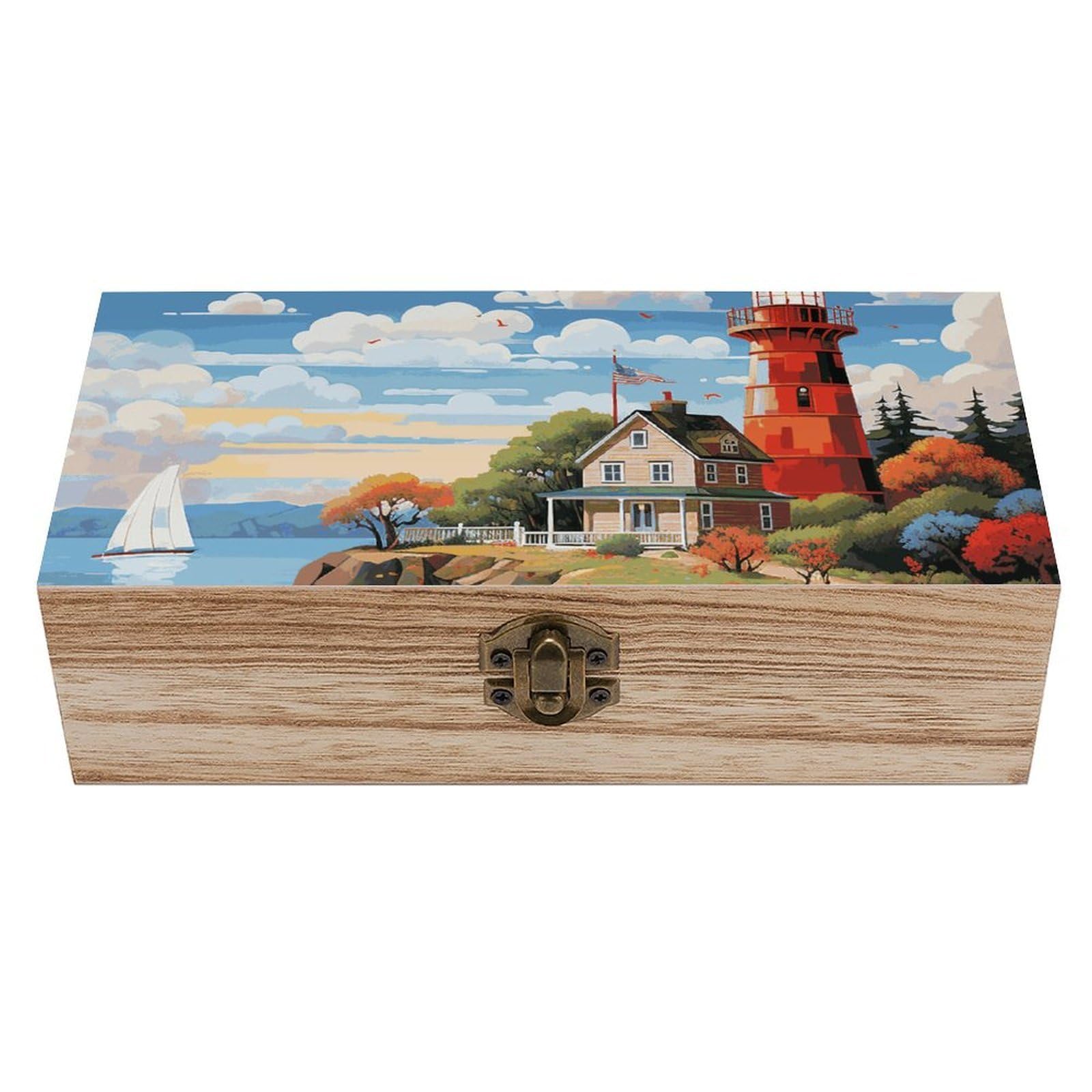 KLOPH Wooden Storage Box Coastal Lighthouse Wood Gift Box with Hinged Lid Vintage Decorative Jewelry Boxes Memory Box for Jewelry Art Hobbies Home Storage Treasure Keepsake Gift 7.9''x3.9''x2.3''
