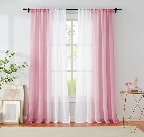 Paneles de cortina de gasa traslúcida color rosa degradado de 63 pulgadas de largo, cortinas traslúcidas de gasa arrugada para sala de estar,