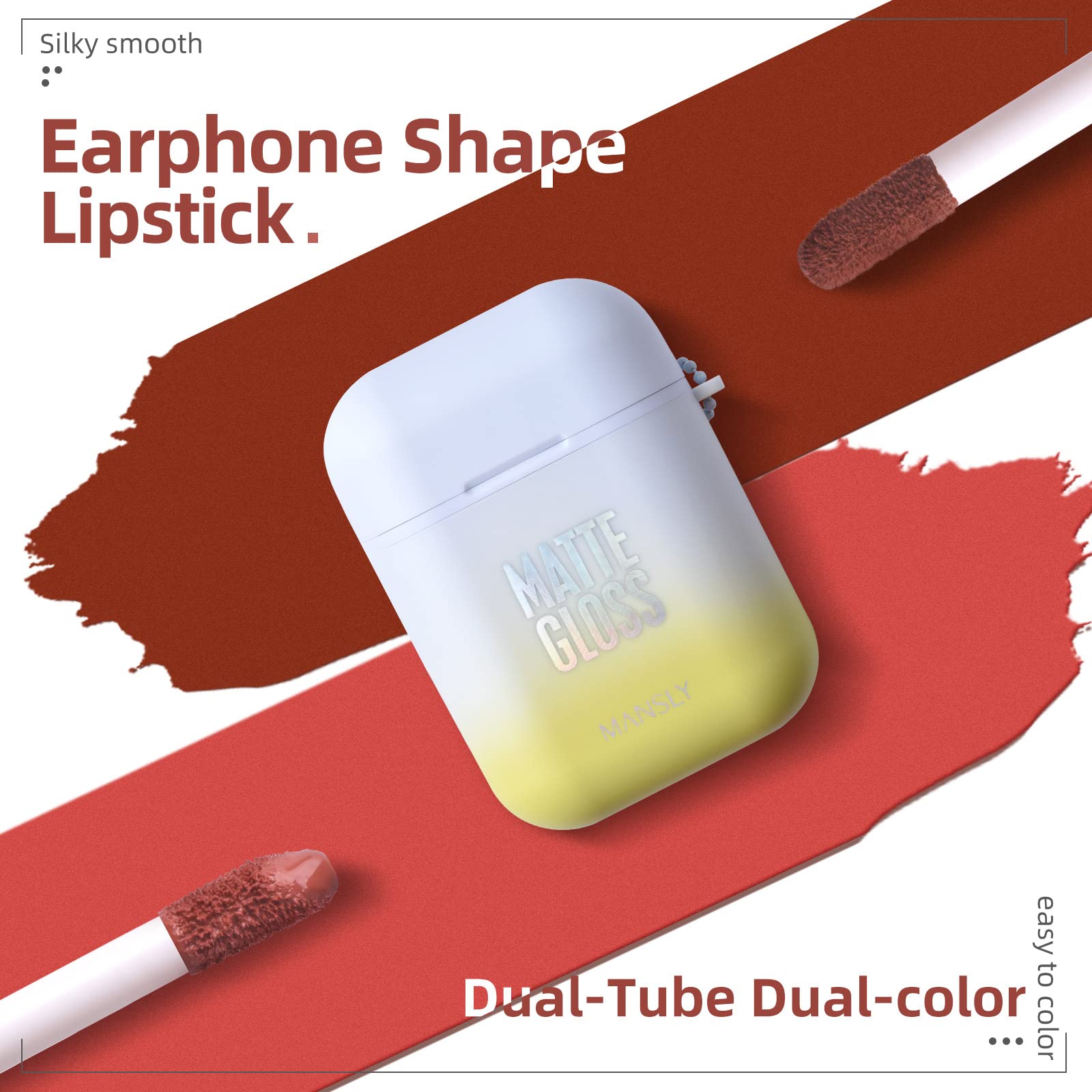 LAMUSELAND Matte Lipstick Set, 2Pc/Set Waterproof Long Lasting Velvet Moisturizing Lip Stain Earphone Dual-color Lip Gloss Primer, Non-stick Cup Lip Make Up Gift Kit for Girls (C)