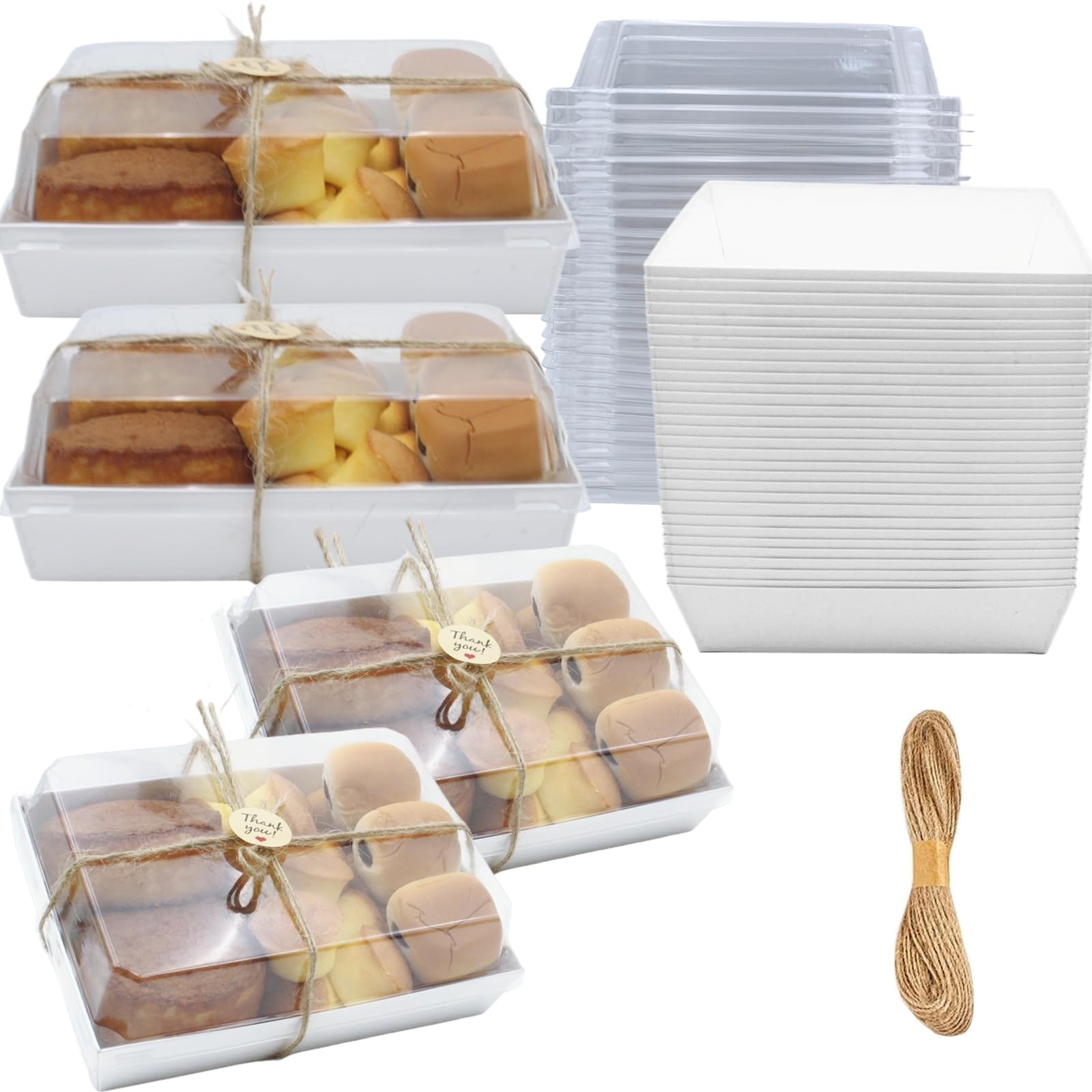 Confezione da 40 scatole di carta per salumi con coperchio trasparente, 17,8 x 12,7 cm, contenitori usa e getta da asporto, scatole bianche da asporto, per fette di torta di sushi, cupcake