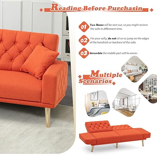 Miniatura 6 de Lesofair Sofá cama de tela de lino de 70 pulgadas con respaldo ajustable, sofá biplaza convertible copetudo con reposabrazos ajustables, sofá cama