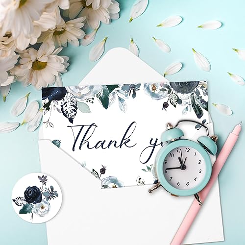 Miniatura 6 de AnyDesign Tarjetas de agradecimiento florales a granel, paquete de 24 tarjetas de felicitación de flores azules con calcomanías, sobres, tarjetas de