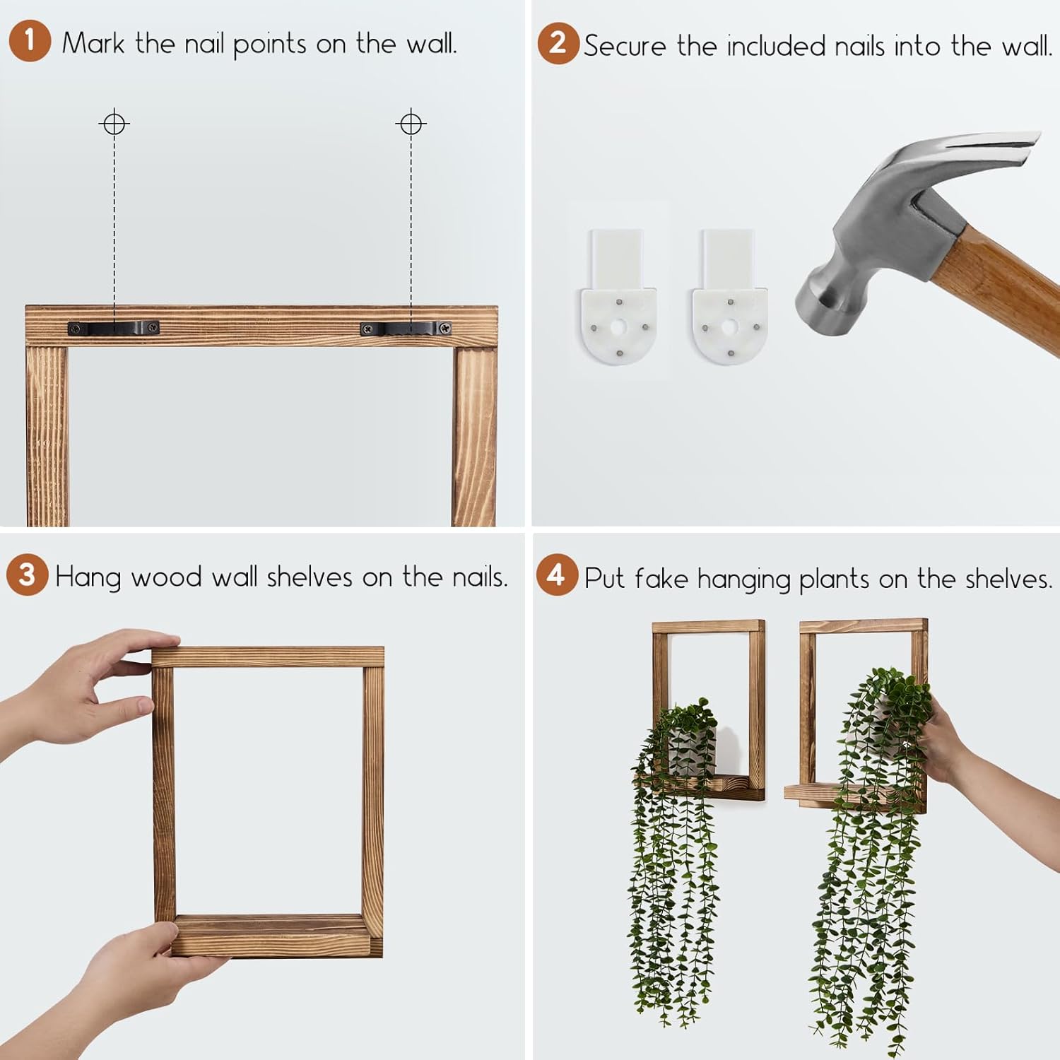 2 Pack Wooden Shelves with Fake Hanging Plants for Wall Decor, Modern Farmhouse Wood Wall Art for Living Room, Bedroom, Bathroom