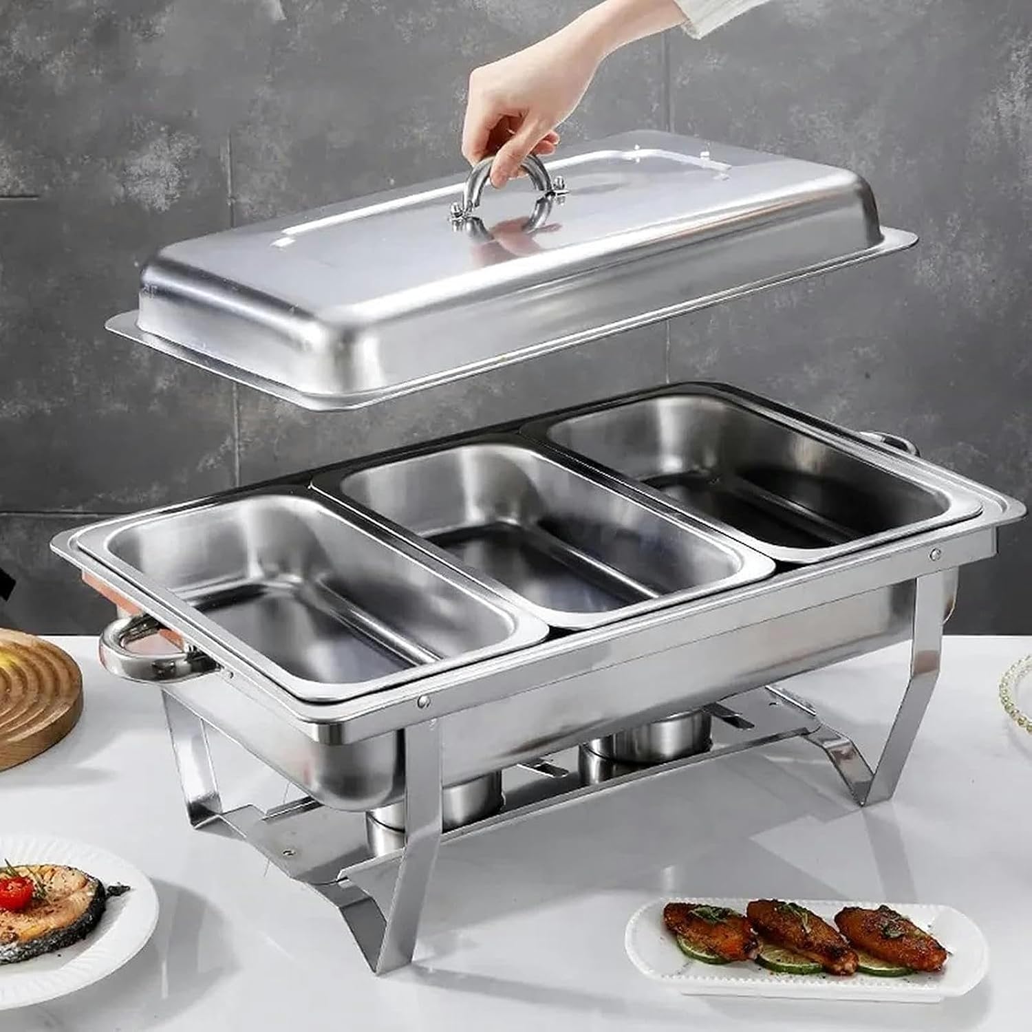Catering Food Heater - Round Buffet Hot Plate, Space Heater, Glass Plate, Water Plate, Fuel Rack, Suitable for Buffets, Weddings, Banquets, Catering Events (Three Pots-9L