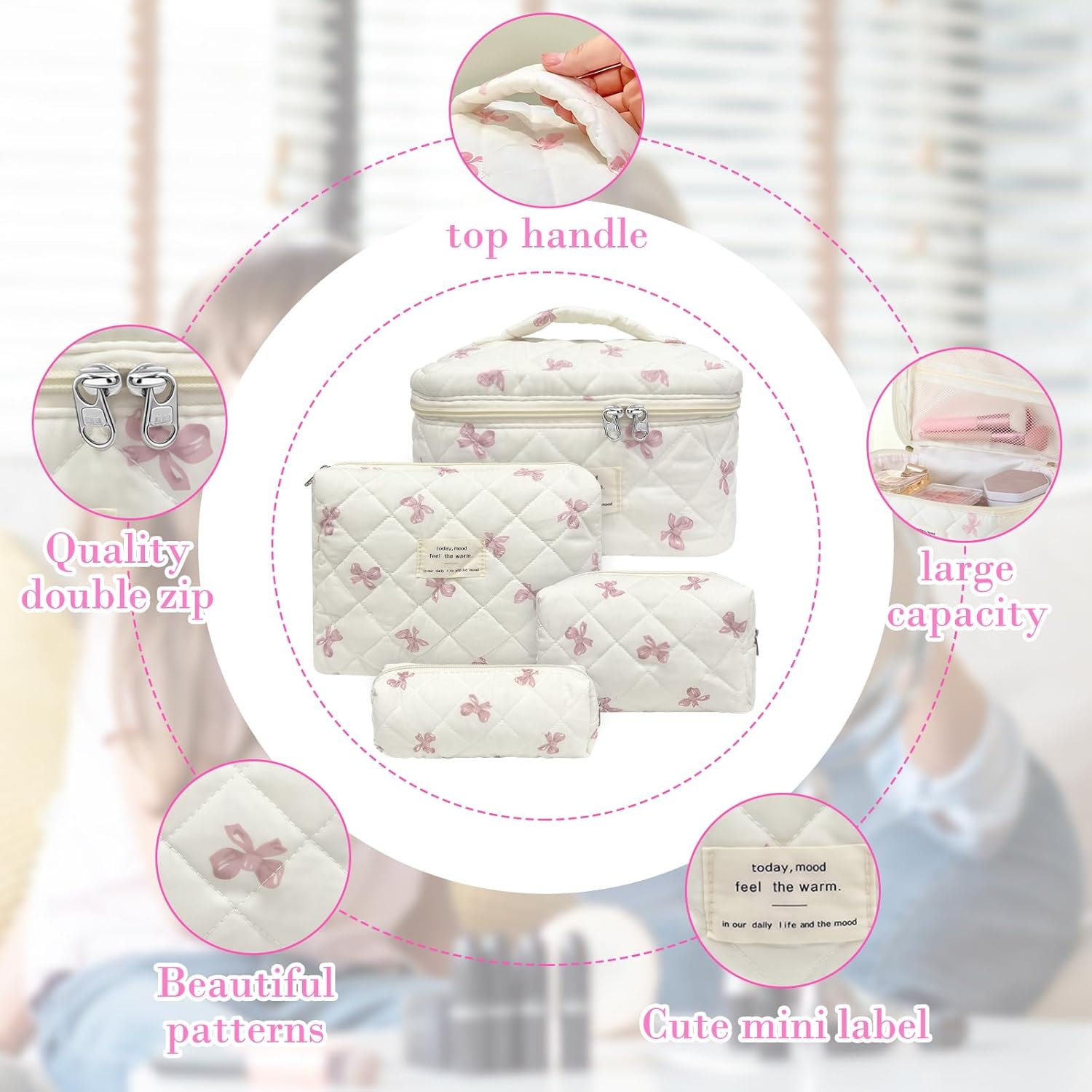 Quilted Makeup Bag, Large Capacity Travel Cosmetic Bag for Women and Girls, Aesthetic Storage for Daily and Travel Use - Image 3