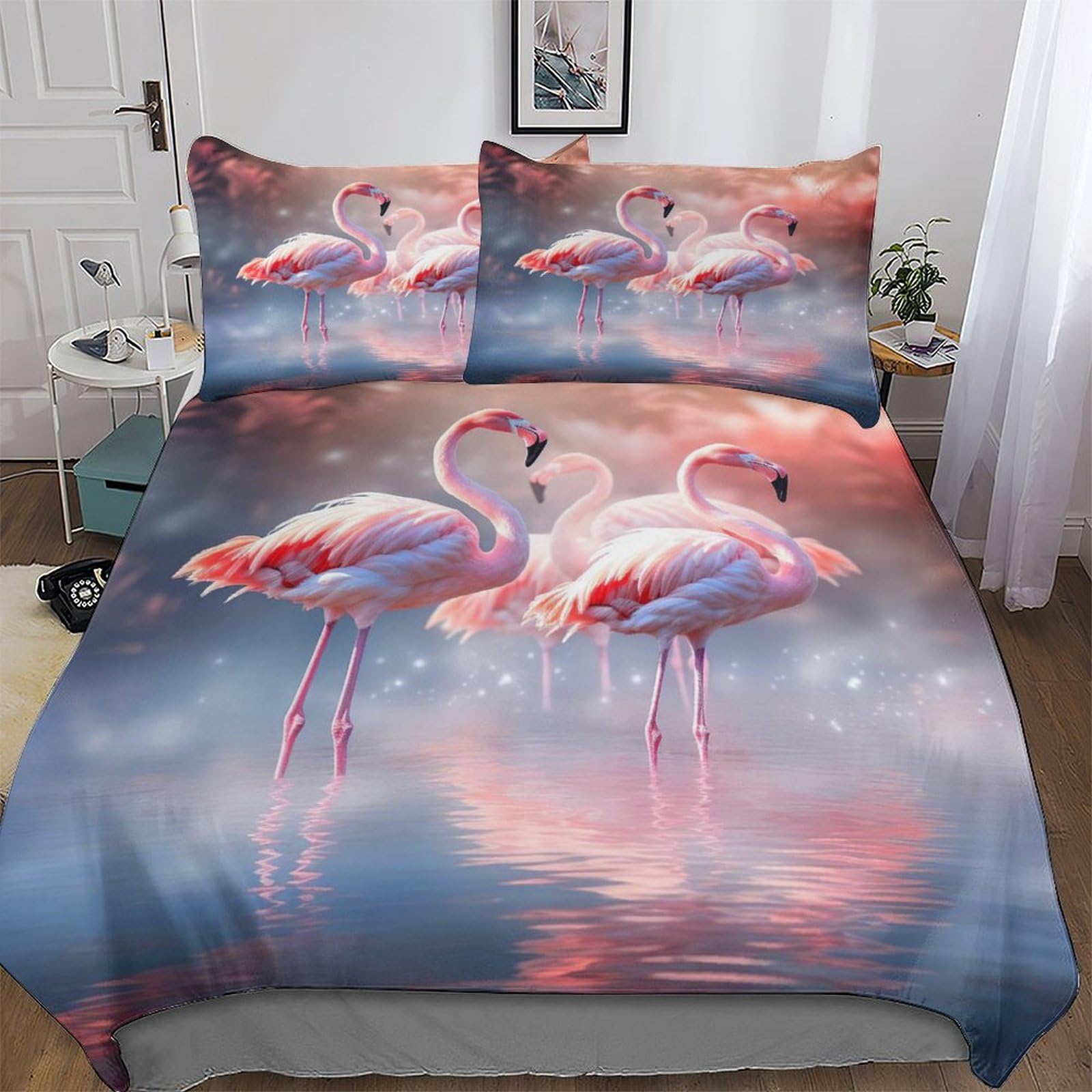 Housse de couette flamant rose 220x240 cm avec taies en microfibre