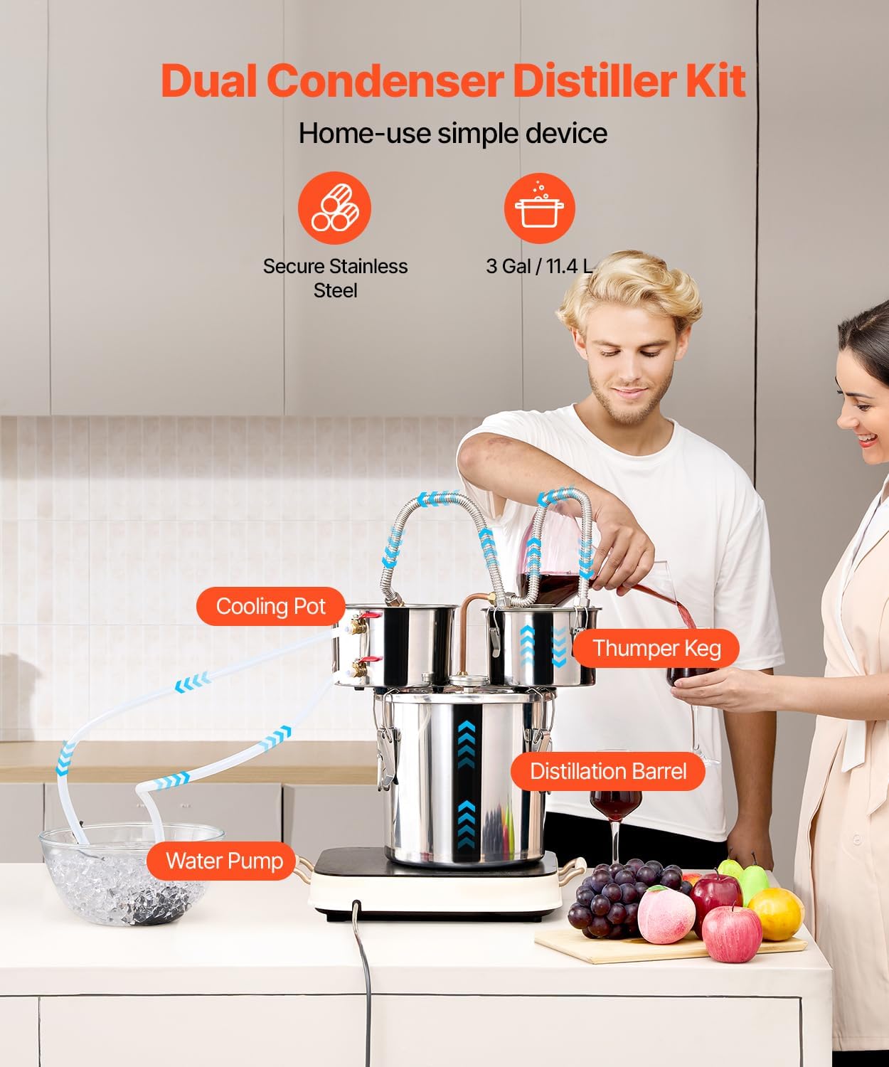 VEVOR Alcohol Still, 3 Gal / 11 L Stainless Steel Water Alcohol Distiller with Copper Coil for Fast Cooling, Dual Condenser Distiller Kit with Secondary Distillation, for Wine Whisky Brandy, Silver