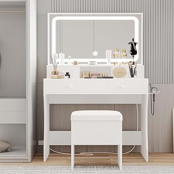 Vanity Desk with LED Lights Power Outlet,3 Lighting Color Adjustable, with Stool, for Bedroom Dressing Room