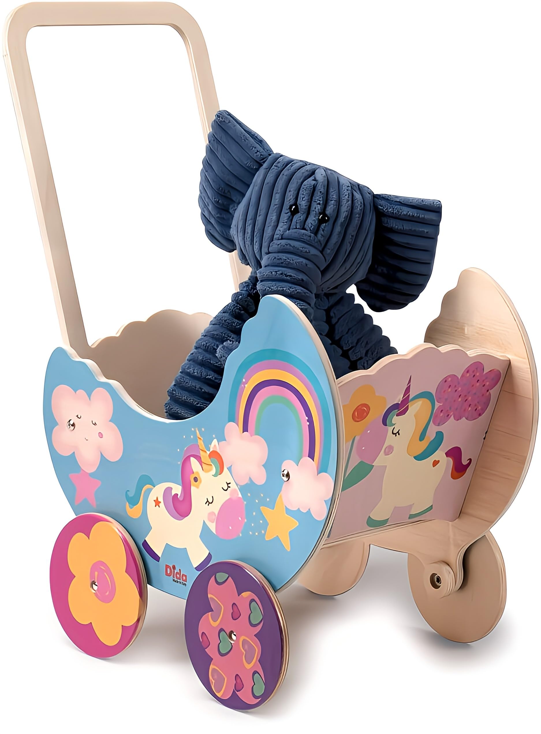 Dida - Puppenwagen Einhorn, Aus Holz Gefertigt, Wagen für Puppen bis 35 cm, Ideal für Rollenspiele, Perfekt für Kinder von 2, 3, 4 Jahren, Kreatives und Pädagogisches Spielzeug