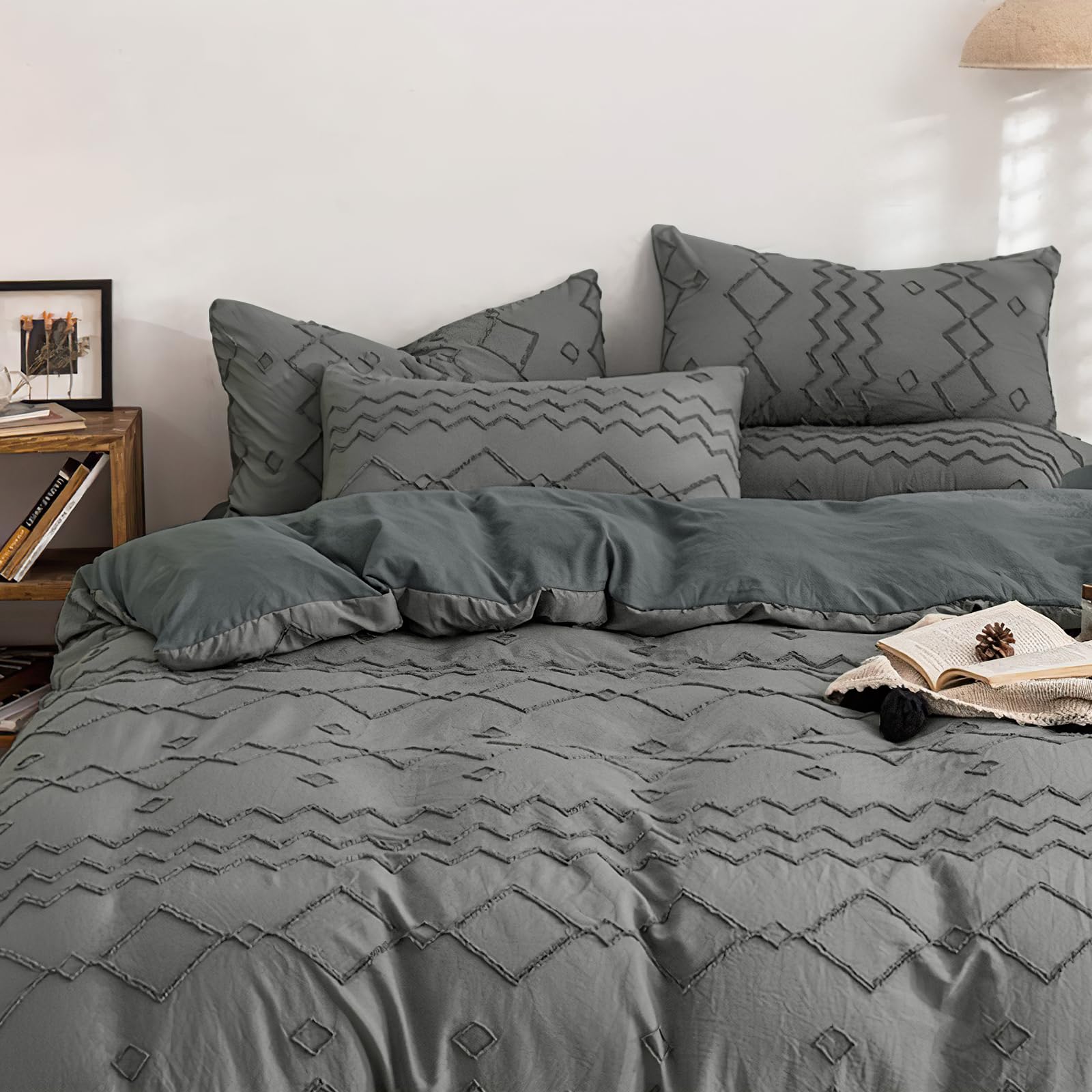 UCHUANG Duvet Cover Set King Size, Boho Bedding for All Seasons, 4 Pieces Embroidery Bedding Duvet Cover, Include 1 Quilt Cover 220 x 240cm & 2 Pillow Cases 50 x 74cm & 1 Bedsheet 230 x 250cm - Gray