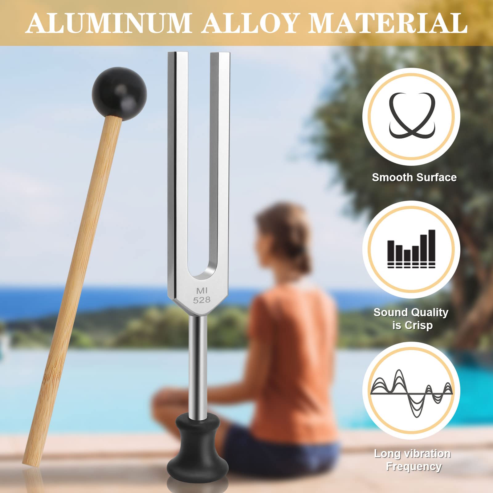 Diapason Musical, 528hz Diapasón de Aluminio con Martillo + Goma Triangular + Base + paño de limpieza + Bolsa de Almacenamiento, para Terapia de Sonido, Yoga, Meditación/Instrumento Afinador