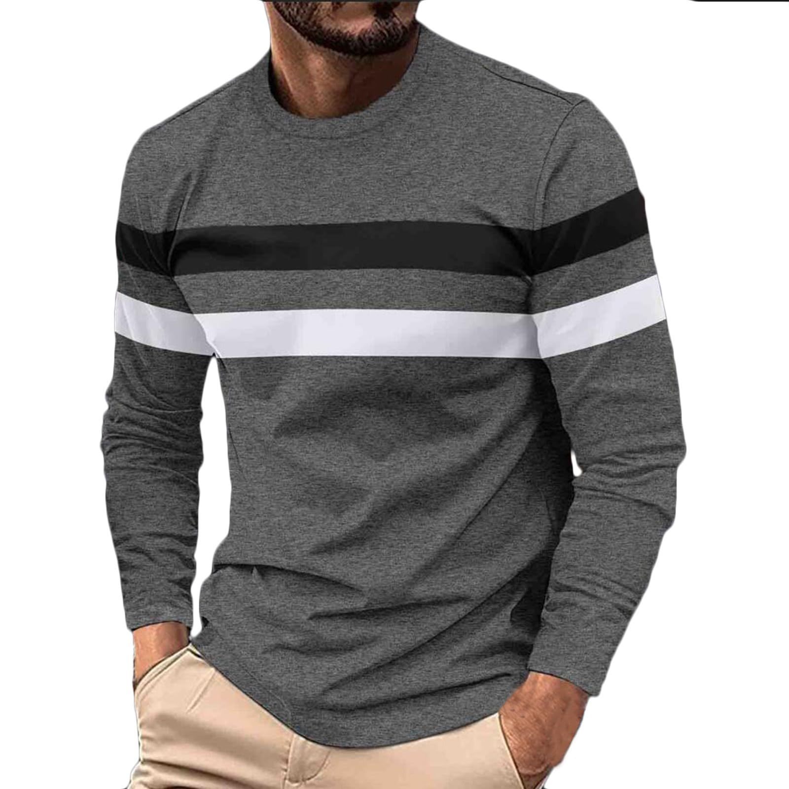 Long Sleeve T Shirt Men Crewneck Fall Workout Shirts Mens Fashion Stripes Casual Tops Regular Fit Athletic Pullover
