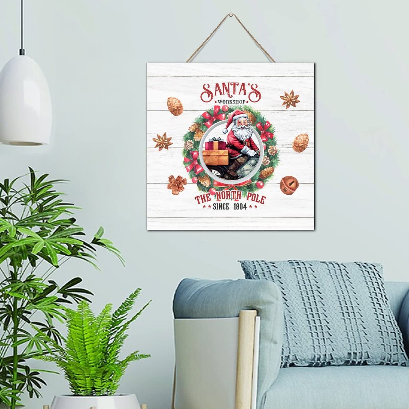 Panneau en bois de style primitif Santa Workshop, une suspension murale vintage haut de gamme