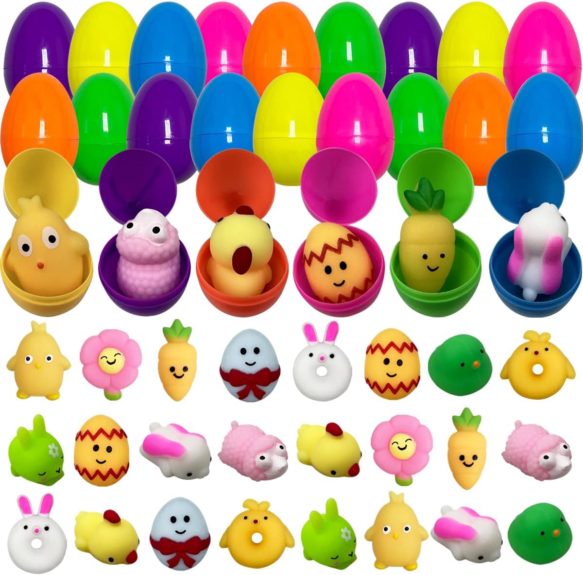 Pinkiwine 24 Pack Plastic Prefilled Easter Eggs with Easter Mochi Squishy Toys Inside for Kids Boys Girls Toddlers Easter Basket Stuffers Gifts Fillers