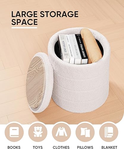 Miniatura 4 de B FSOBEIIALEO Otomana con Almacenamiento, Otomana Redonda de Almacenamiento Sherpa, Reposapiés de Boucle 37.1 cm x 37.1 cm x 45 cm (Blanco)