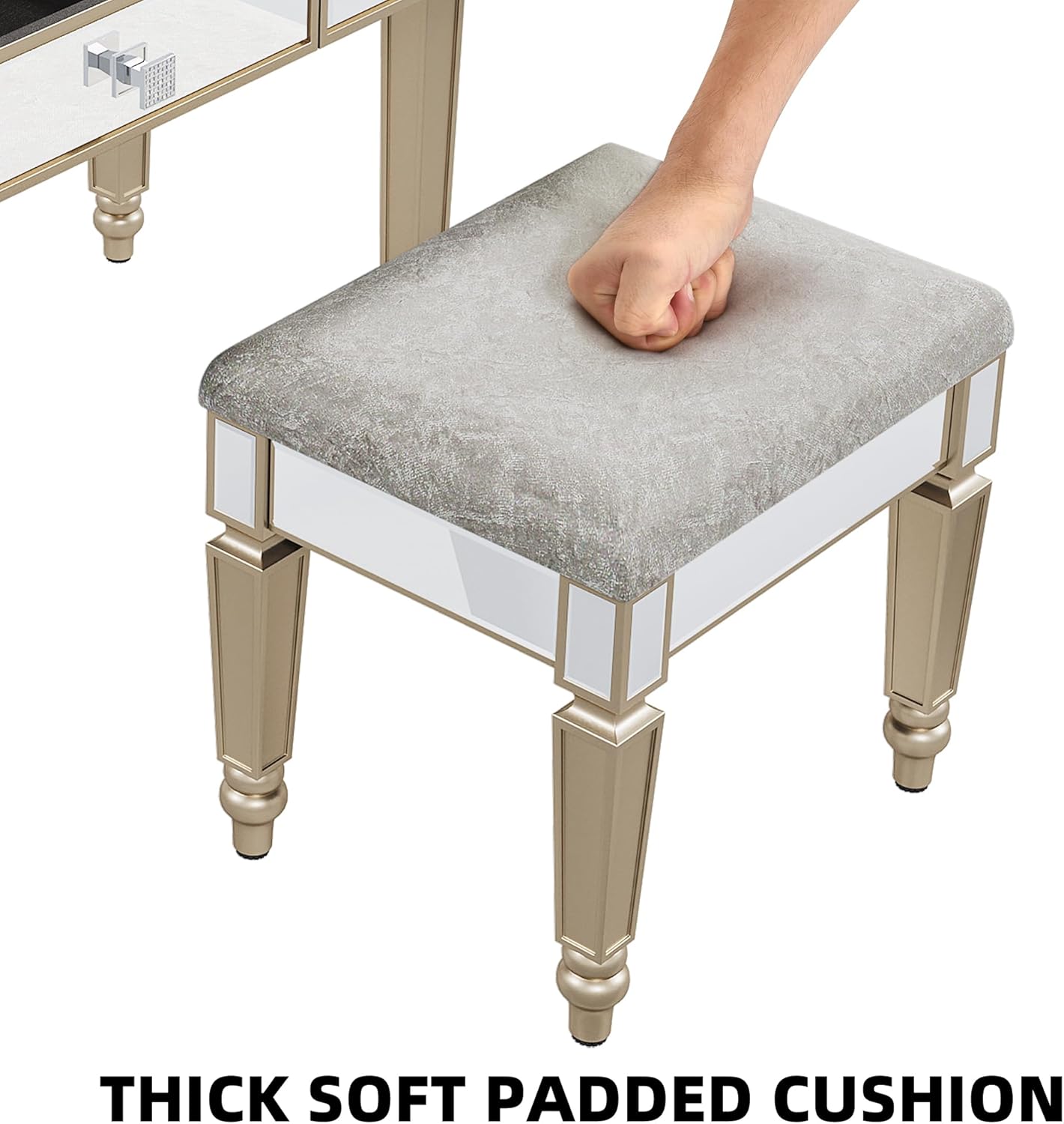 Close-up of the thick, soft padded cushion of the vanity stool.