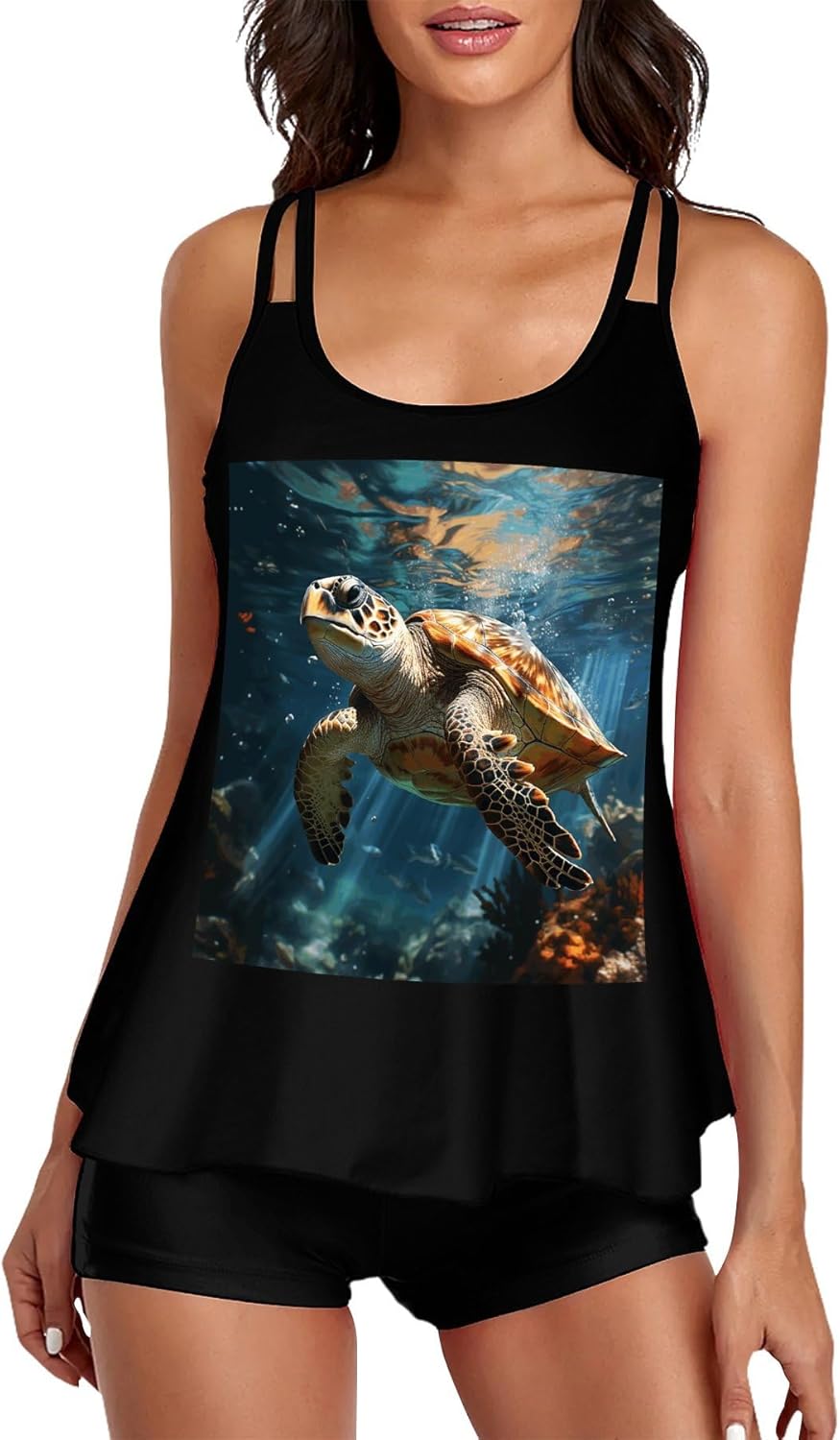 Turtle Swimming Tankini Swimsuits for Women Tummy Control Two Piece Bathing Suits Swim Tops with Boy Shorts