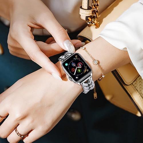 Vista 28 de VISOOM Pulsera de oro rosa compatible con la serie SE 2/9/8 Apple Watch Band 1.614 in/1.575 in/1.496 in Series 7/SE, pulsera de lujo elegante