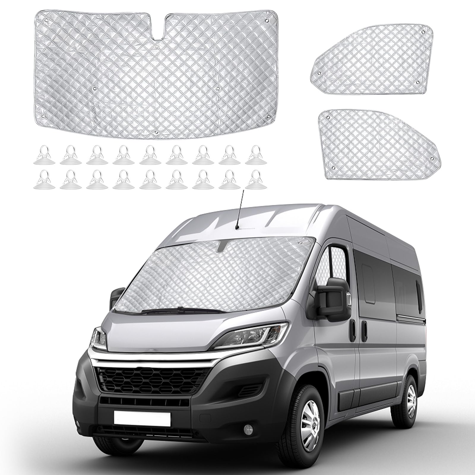 Coprifari interni termici per Fiat Ducato X250/290 e Peugeot Boxer 2006-2025, set di 3 tende parasole impermeabili e anti-UV pieghevoli per il parabrezza anteriore, per oscuramento interno e privacy