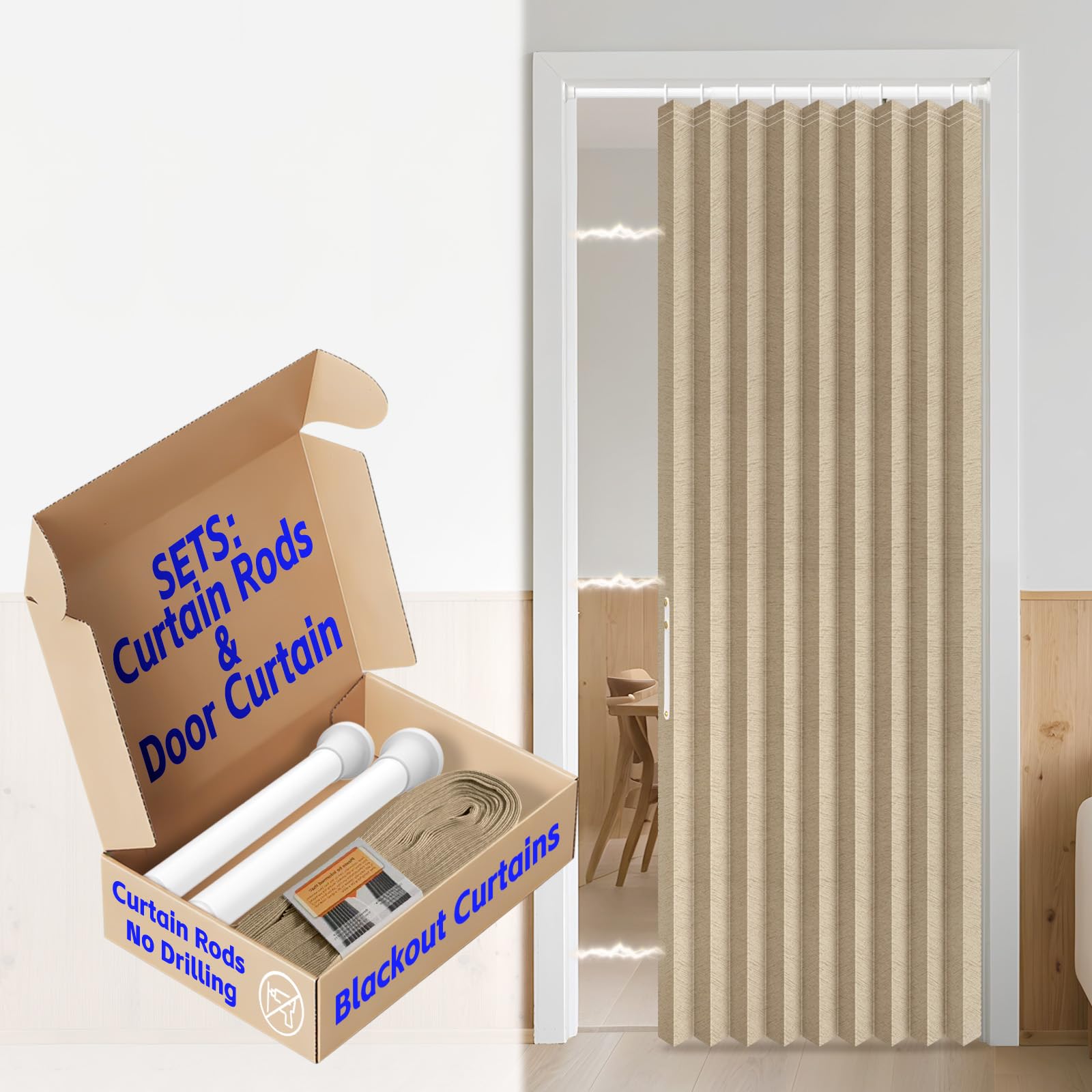 AJAZZ Blackout Door Curtains with Curtain Rods Adjustable 28-39" Long Magnetic Door Curtain Blackout Curtains for Bedroom, Doorway Curtain Sets (1 Pack, 42 W x 78 L, Brown)
