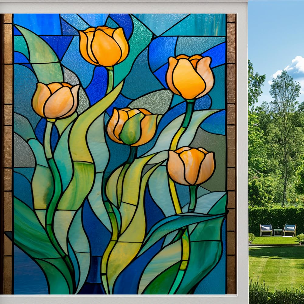 Dreamy Tulips Stained Glass Window Film, Natural Colorful Flowers Peel and Stick Privacy Film, Frosted Adhesive Vinyl Decorative for Bathroom Windows Glass Doors, （50x100cm）