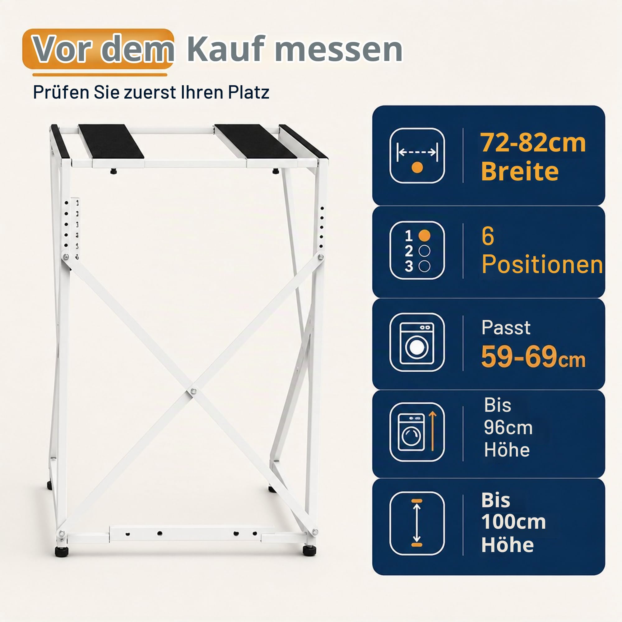 Maxi – Universal Waschmaschinen- und Trockner-Stapelkit | Verstellbarer Rahmen (72–82 cm), 100 kg Tragkraft | Ohne Bohren, Antivibration, Platzsparend