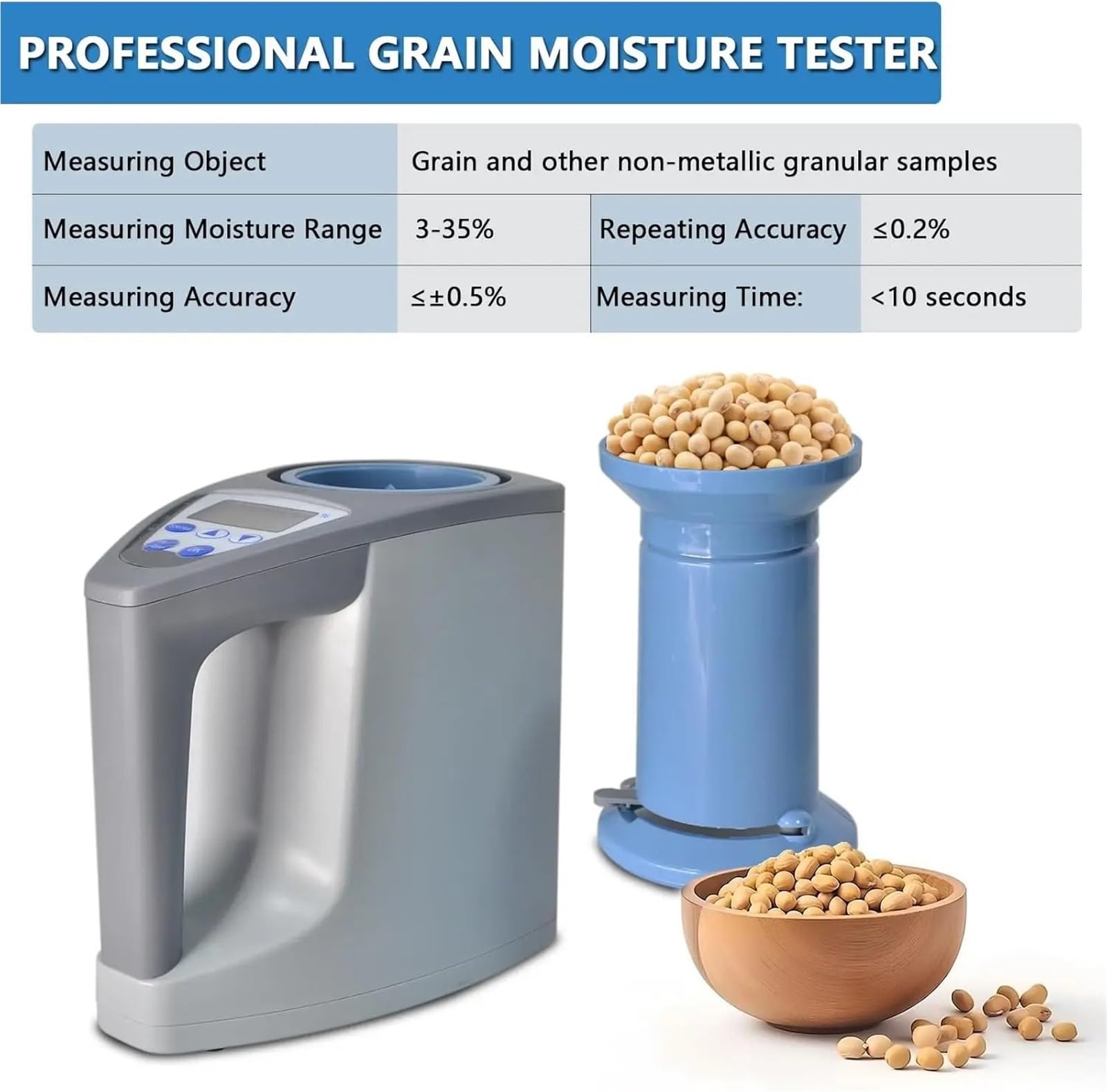 Analizador de humedad de granos, precisión del 0,5%, rango del 3 al 35%, compensación automática de temperatura, pantalla LCD, arroz, trigo y maíz.