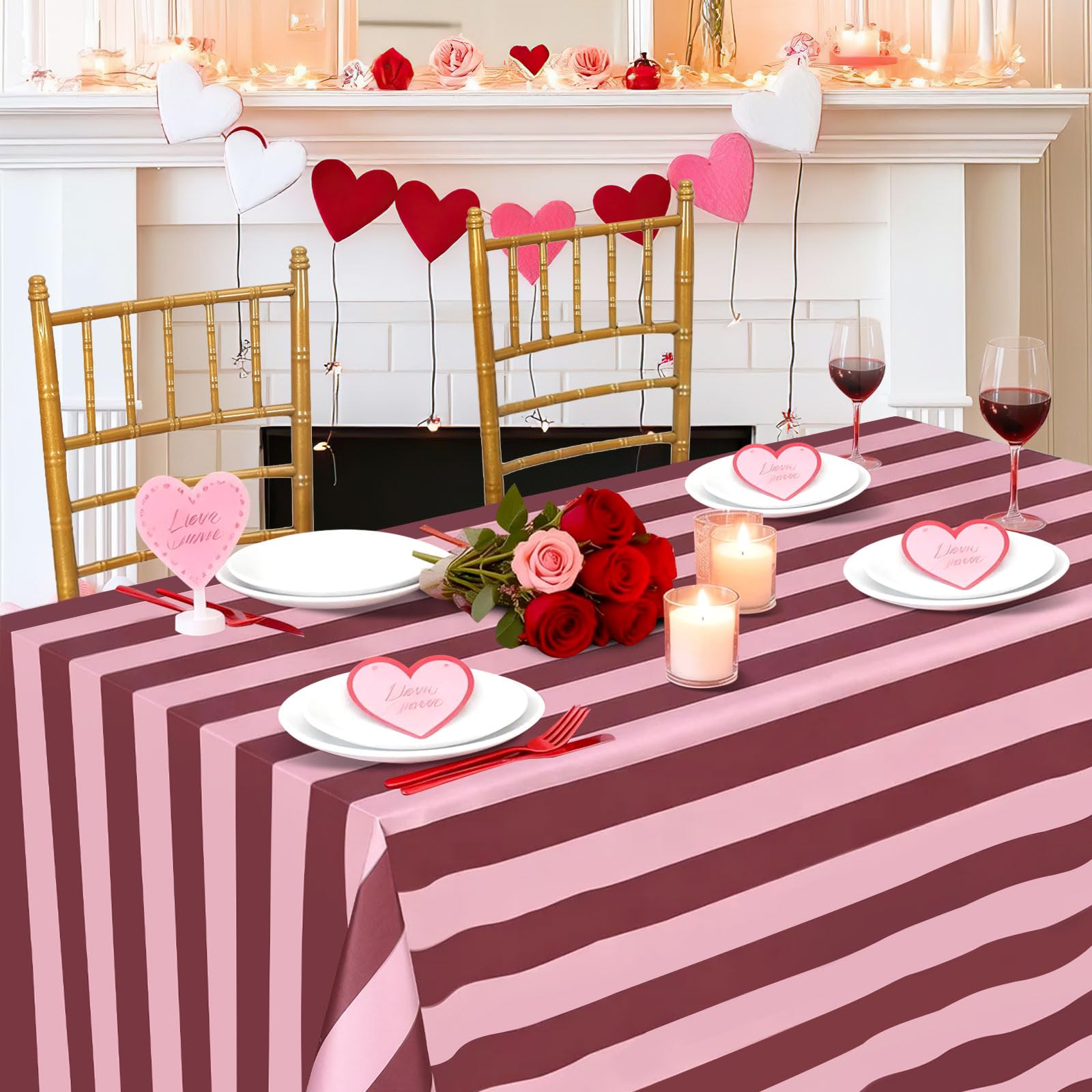 Table Cloth Red and Pink Striped Tablecloth - 57 x 84 Inch Waterproof Tablecloths Rectangle Polyester Table Covers for Birthday Wedding Ceremony Banquet Picnic Party Decorations