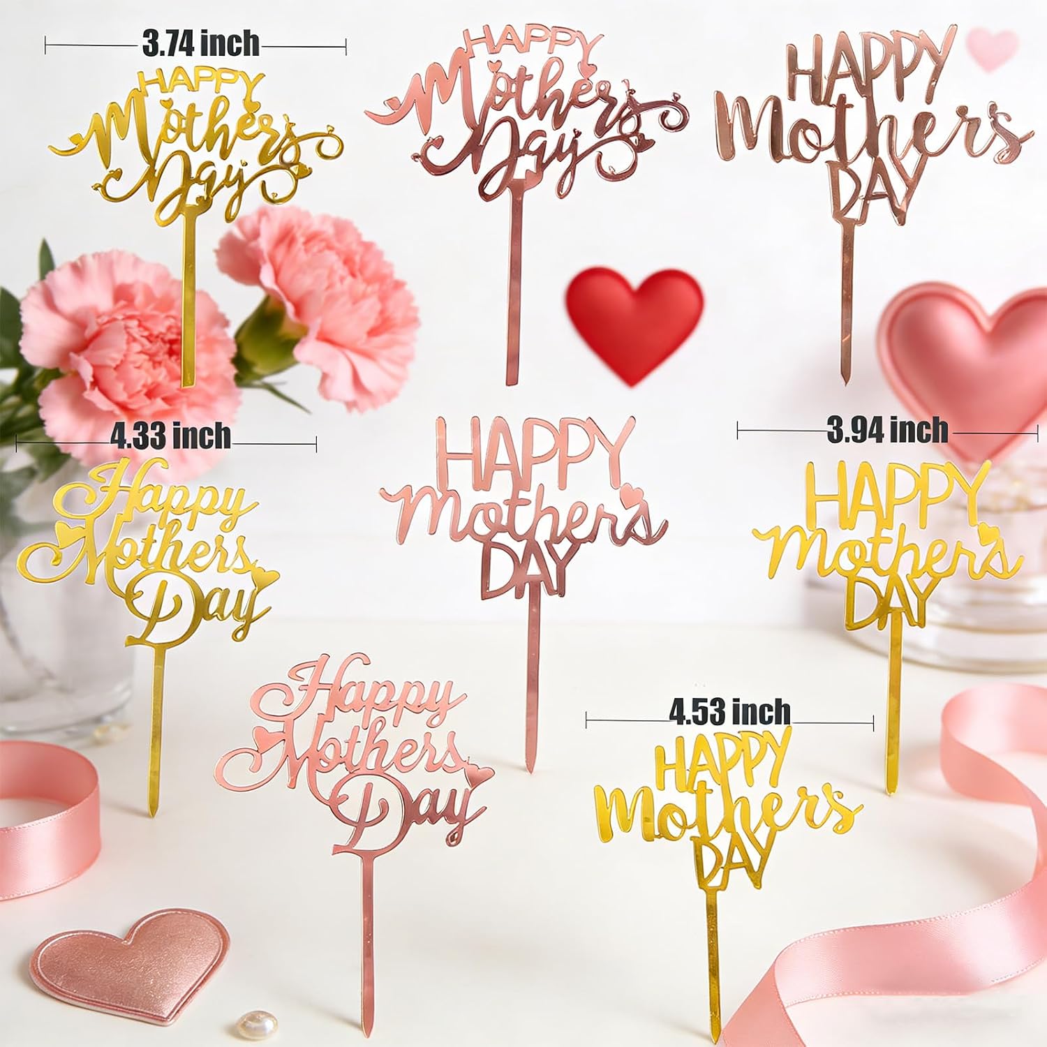 Happy Mother's Day Cake Toppers Set Gold Acrylic Cupcake Topper with Heart Design Mom Cake Decoration for Mother's Day Candy Baking Home Party Flowers Bouquet Supplies (8 Pcs) (Gold,rose gold) image 5