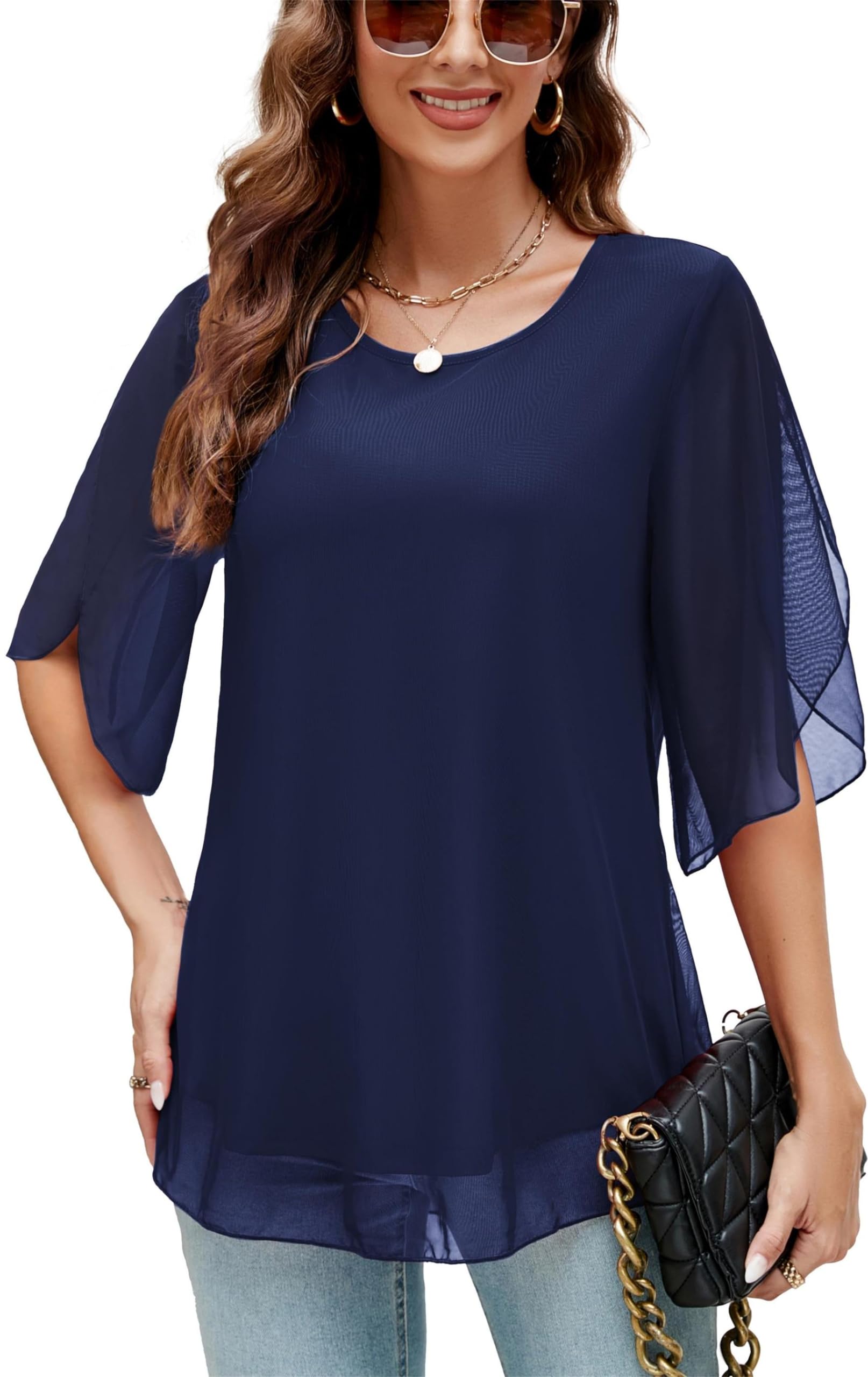 Actcat Damen Rüschen 3/4 Ärmel Mesh Blusen Lose Flowy Tops Stretch Shirts Crinkle Bluse Damen elegant damenblusen elegant mesh Shirt Damen Umstandsbluse Damen große größen