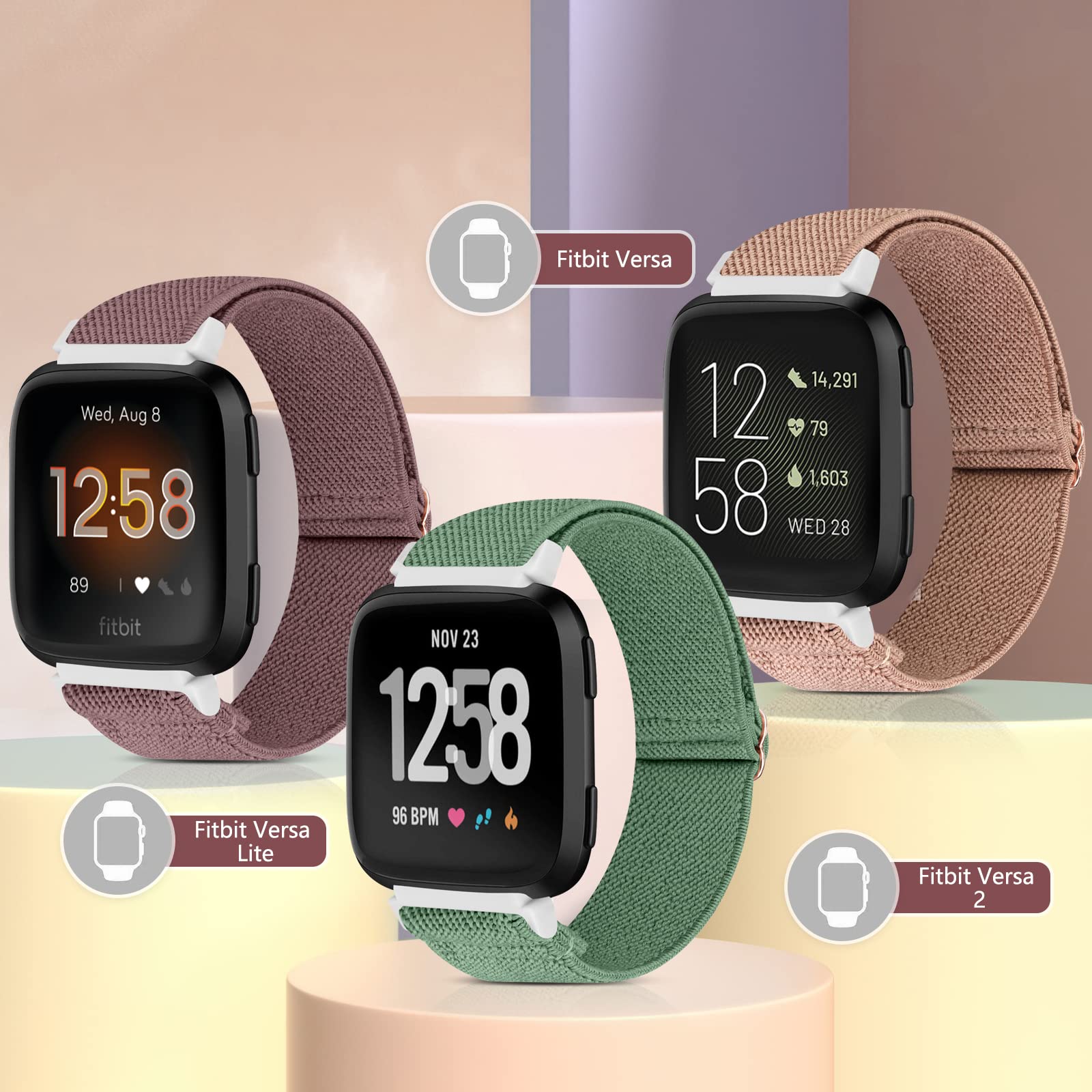 ShuYo 4 Pack Elastic Nylon Bands Compatible with Fitbit Versa & Versa Lite & Versa 2 & Versa SE for Women Men, Adjustable Soft Stretchy Breathable Replacement Straps for Fitbit Versa Smartwatch