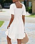 BTFBM Robes Femmes Cou carré Manche volante Moussed Mini Robe de bain casual évasé manches courtes, deux poches latérales, une ligne, taille haute, robe d'été flutter pour les femmes, swing robe de plage Boho