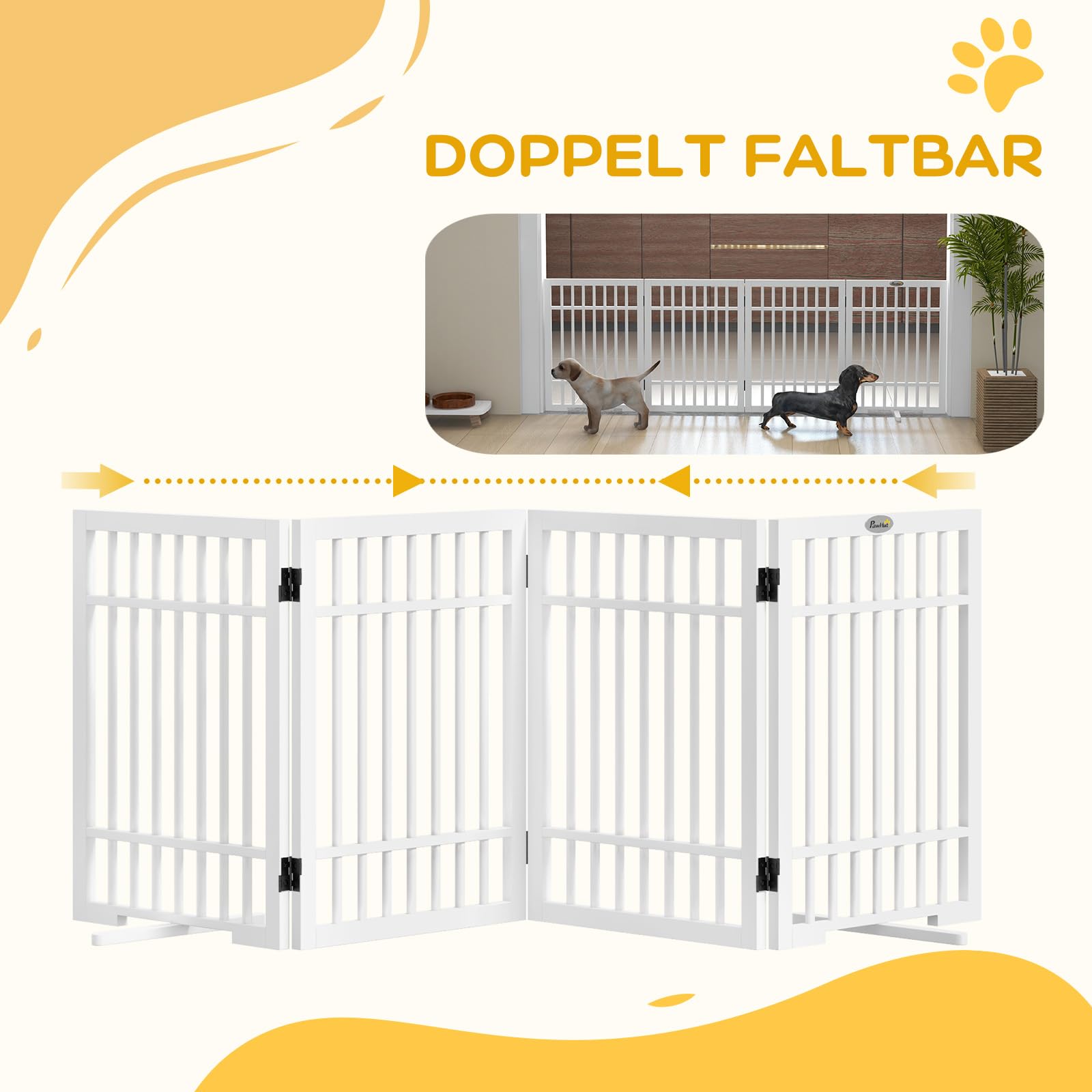 PawHut Absperrgitter Hund Freistehend für Kleine Hunde 61 x 183 cm Weiß | Schutzgitter mit 2 Stützfüßen, 4 Paneelen, Holz Hundegitter Klappbar, Treppen, Türen, Treppengitter, Absperrungsgitter