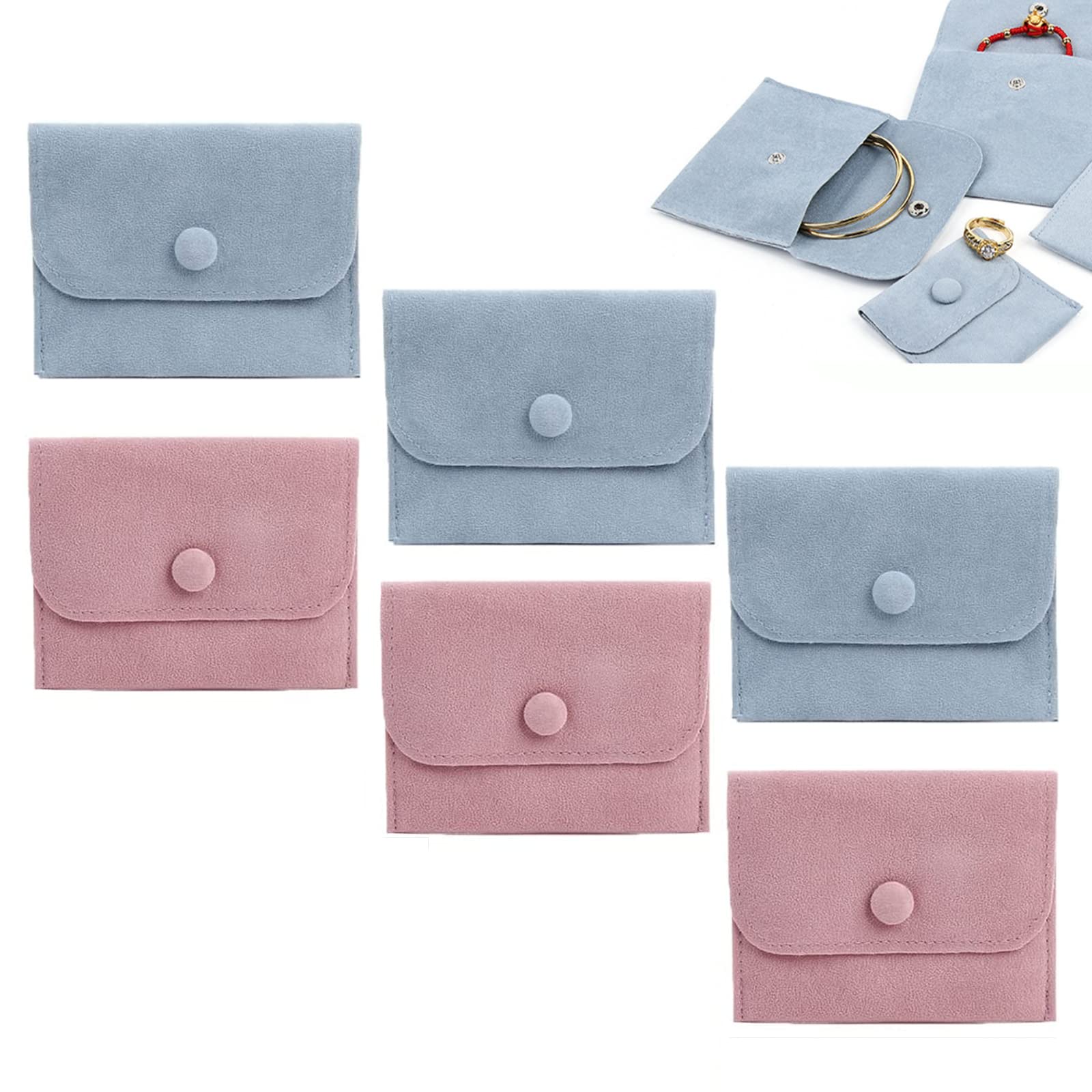 SYOSI Velvet Jewelry Storage Pouch with Snap Button Gift Bags Small Purse Jewelry Storage Box for Bracelets, Necklaces, Earrings, Rings, Pendants, Brooches, Watch etc Small Item 6 Pcs (Pnk+Blue)