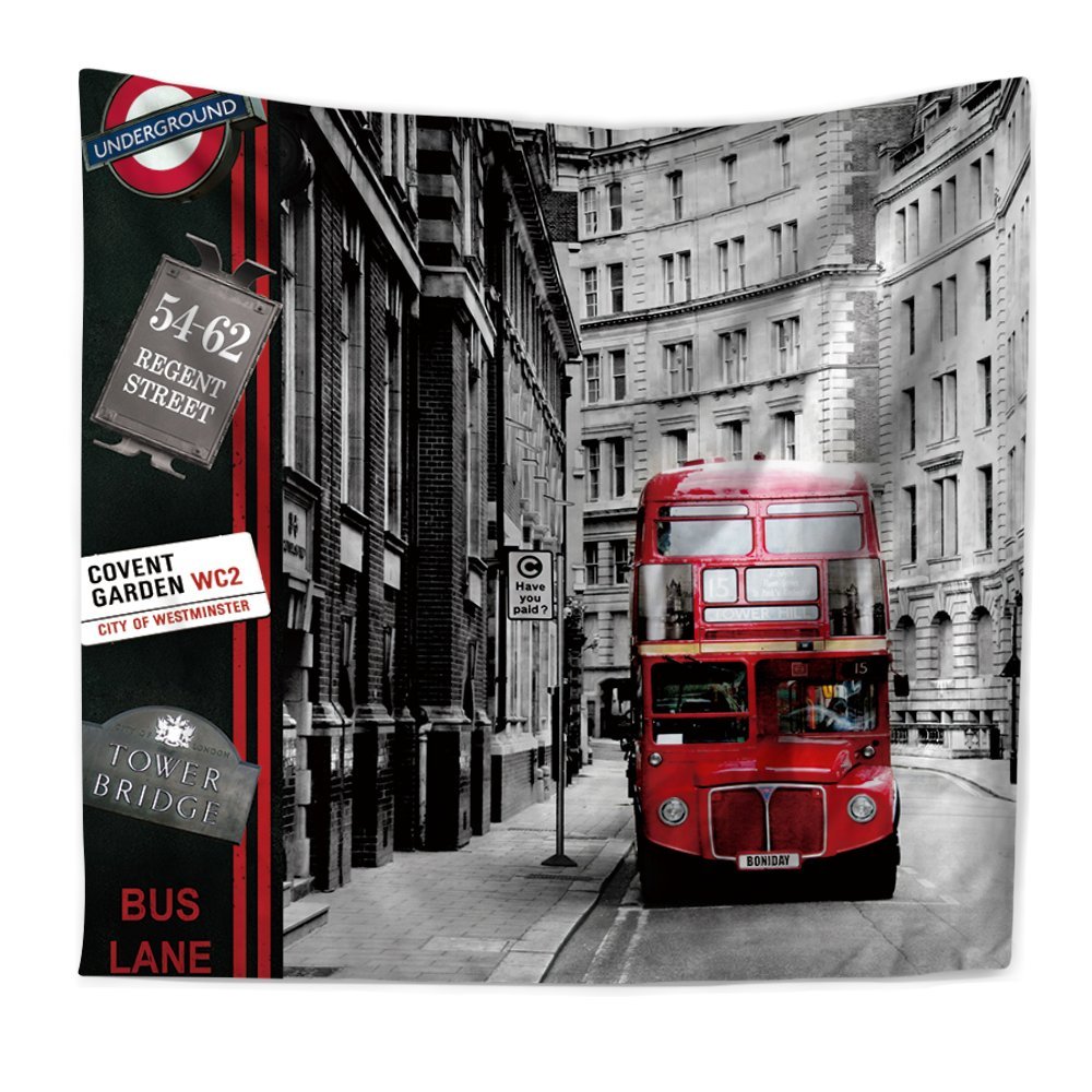 YQ Park Modern Tapestry by, Double Decker Red Bus and Car before Medieval Mumbai Architecture Watercolor, Wall Hanging for Bedroom Living Room Dorm