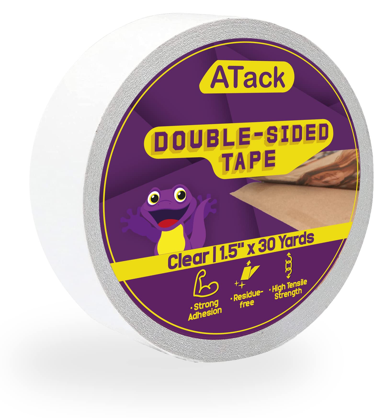 ATack Double Sided Tape Clear (Single roll)1.5''x30 Yards Wall Safe Heavy-Duty Transparent Double Sides Self Sticky Wall Fabric Tape for Wood Templates, Furniture, Leather, Curtains and Craft