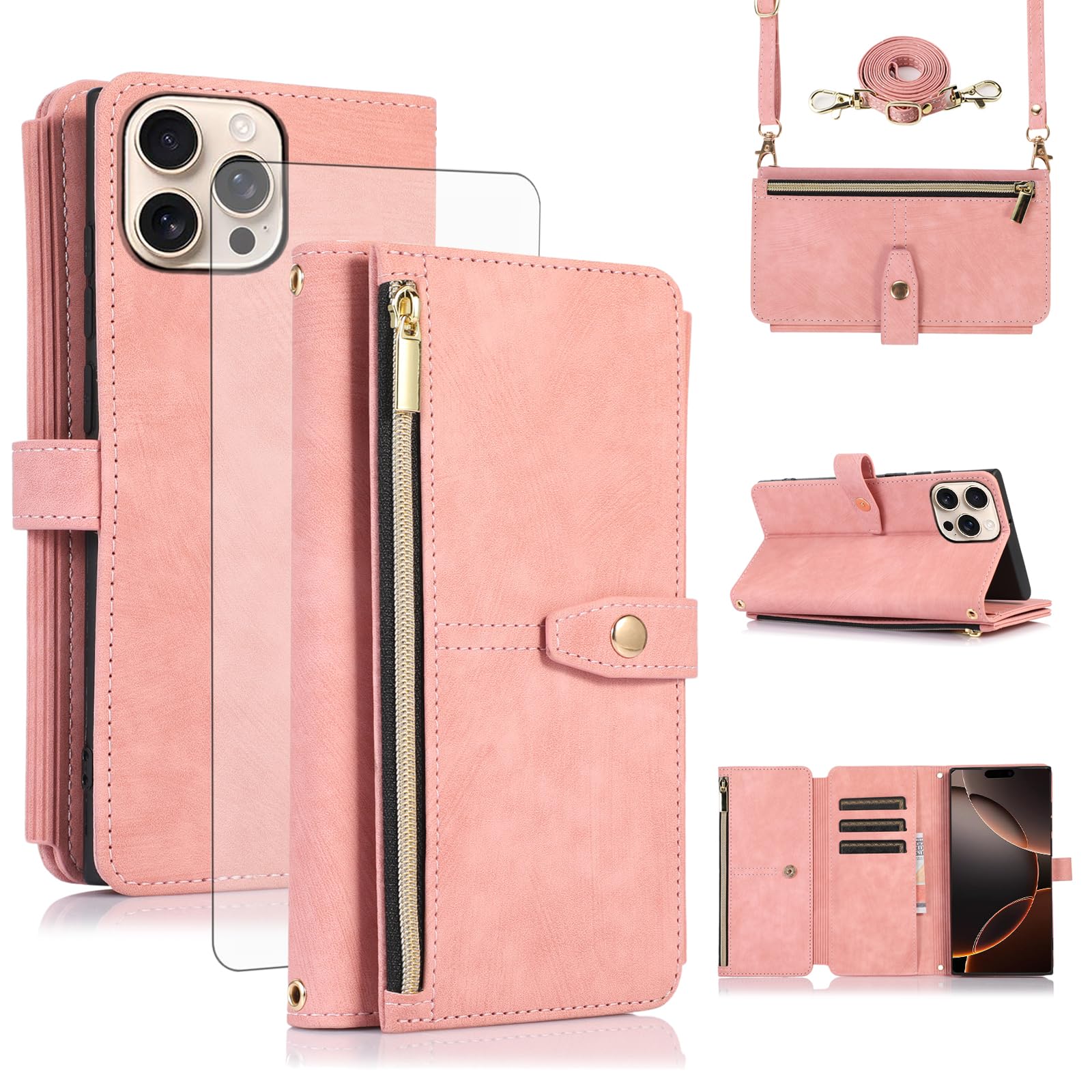 Asuwish Handyhülle für iPhone 16 Pro Hülle mit Band Folie Schutzfolie Kartenfach Klappbar Leder Geldbörse Ständer i Phone16 16Pro Prohülle Handy Hüllen Schutzhülle Phone Case Rosa