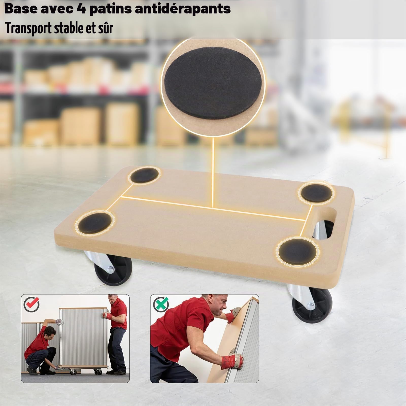 Aufun Lot de 4 Planches à Roulettes Antidérapantes 58 x 29 cm pour Transport et Déménagement avec Patins en Caoutchouc et Ateliers