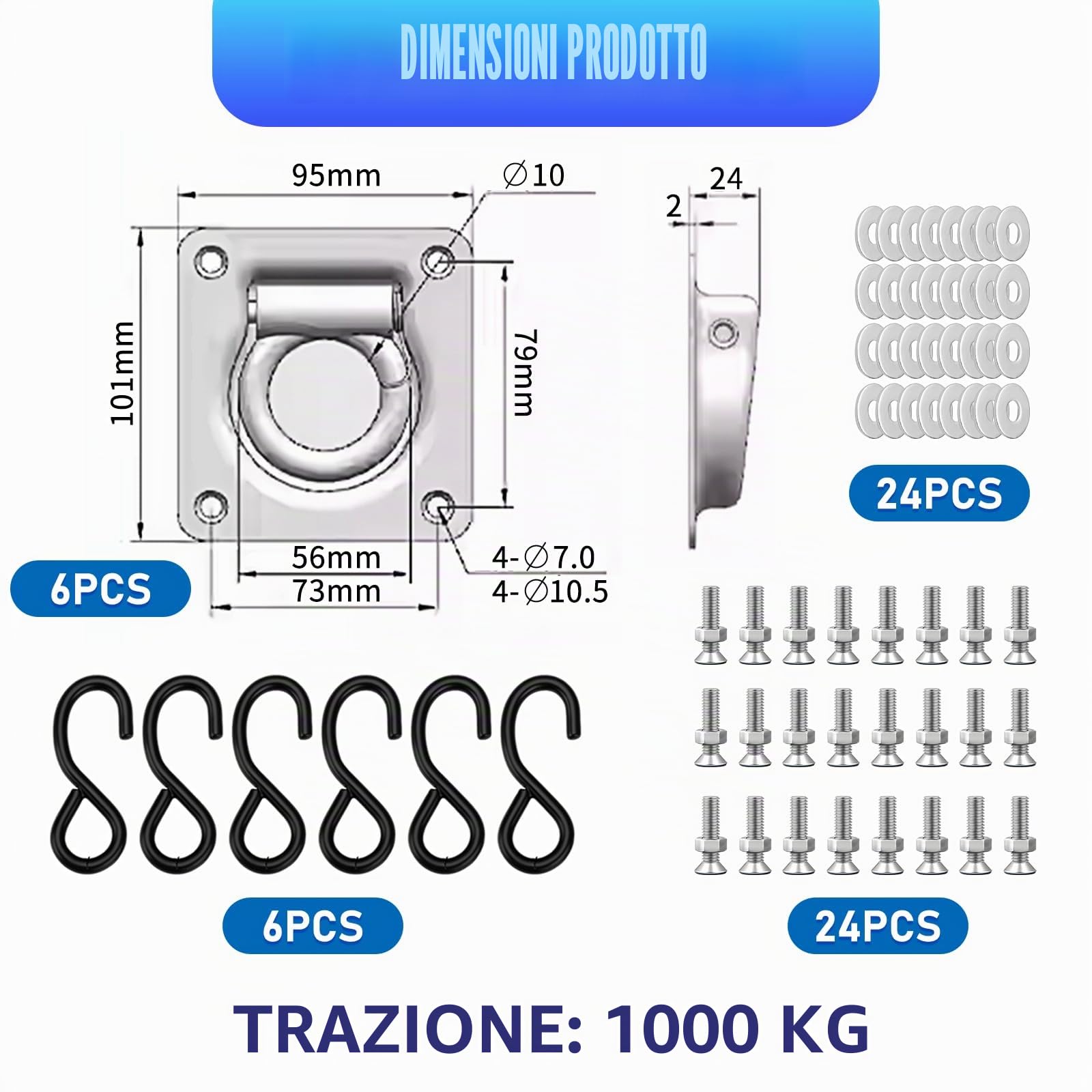6 Pezzi Occhielli di ancoraggio per rimorchio Ganci per Rimorchio Anello Ancoraggio Rimorchio Furgone, capacità di Carico 1000Kg Occhielli di fissaggio zincati con Contropiastre e Gancio