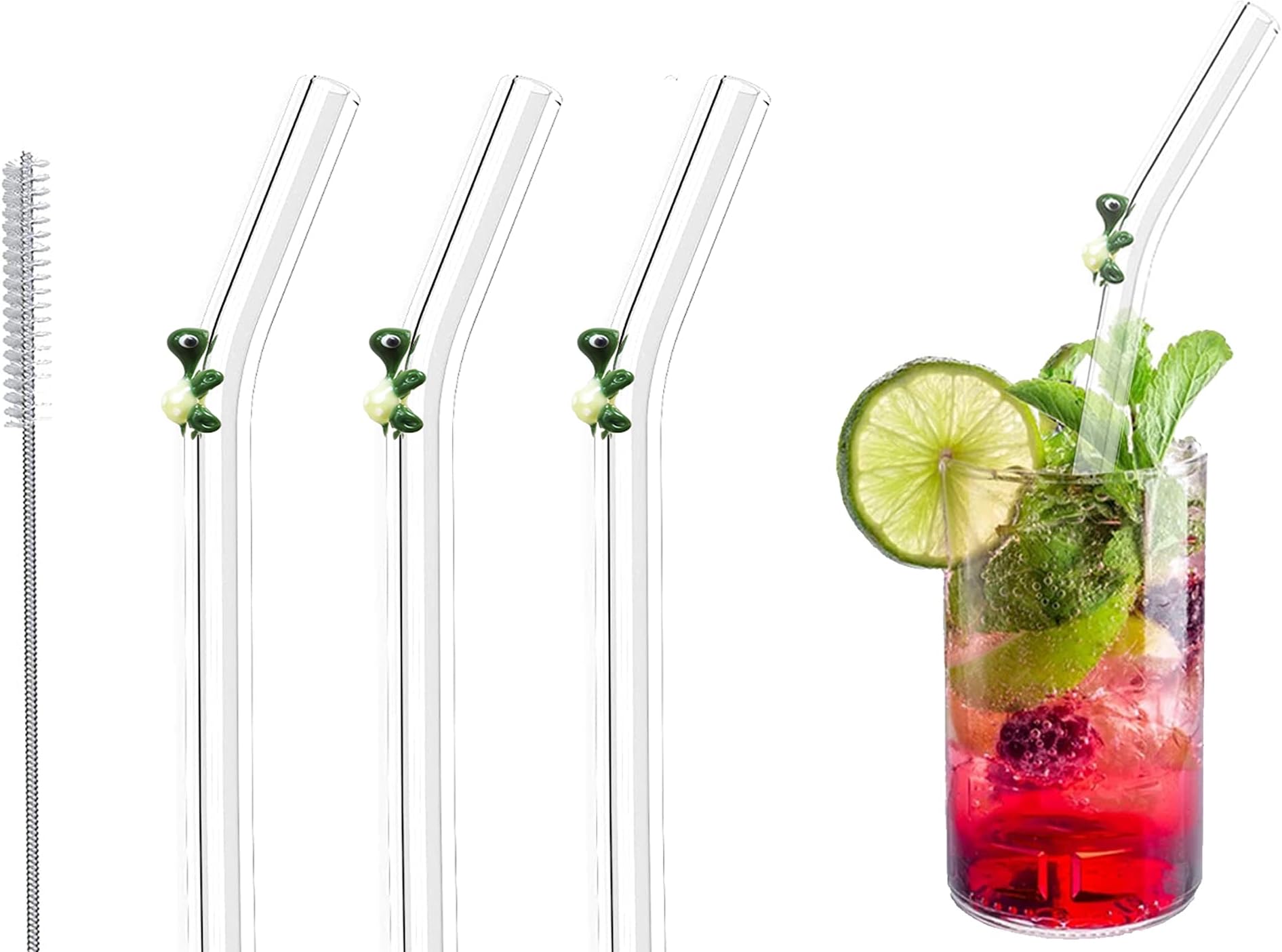3pcs Reusable Glass Straws Green Turtle on Clear Bent Straw 8 in x 9 mm With Cleaning Brush, Perfect for Smoothies, Cocktails