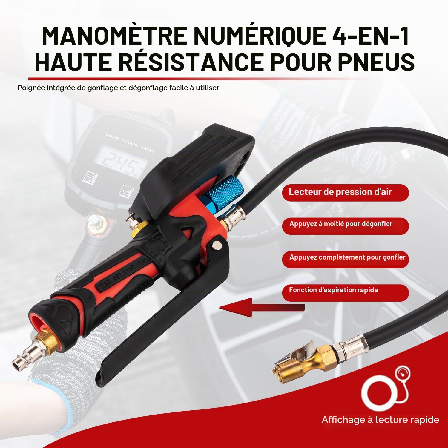 ORAZIO 4 en 1 Manometre Pression Pneu Gonfleur Pneu Numérique 230 PSI avec Écran LCD, Accessoire Compresseur à Air Outil de Pneu pour Véhicules Robuste Voiture Moto Vélo