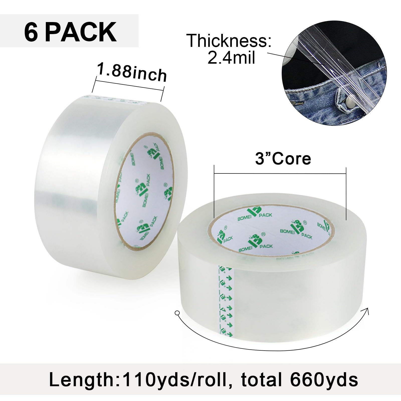 BOMEI PACK Lot de 6 rouleaux de ruban adhésif d'emballage silencieux, 2,4 mm x 4,8 cm x 91,9 m, transparent et résistant pour boîtes de déménagement