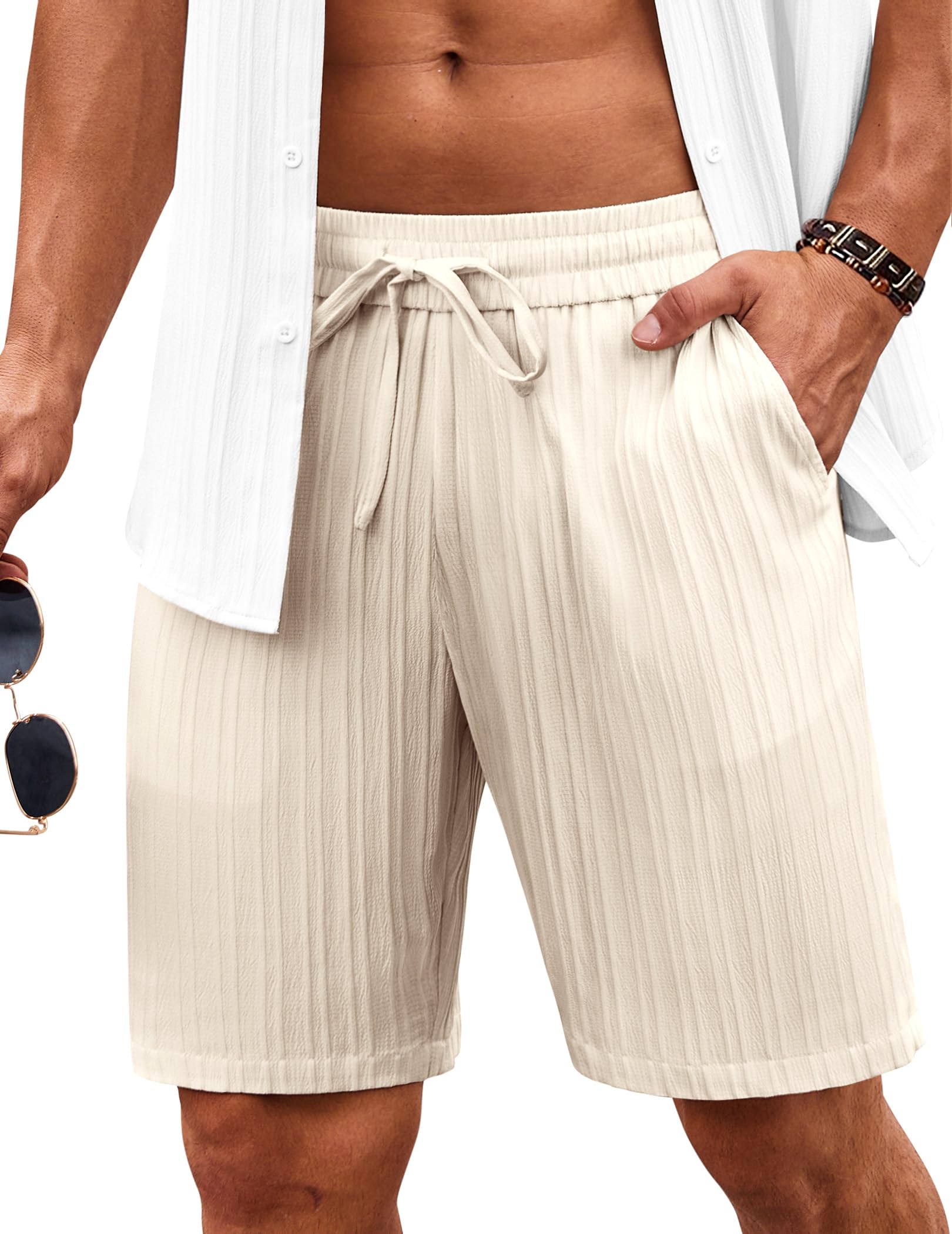 COOFANDY Men's Beach Shorts 9" Elastic Waist Drawstring Casual Shorts Regular Fit Summer Textured Shorts