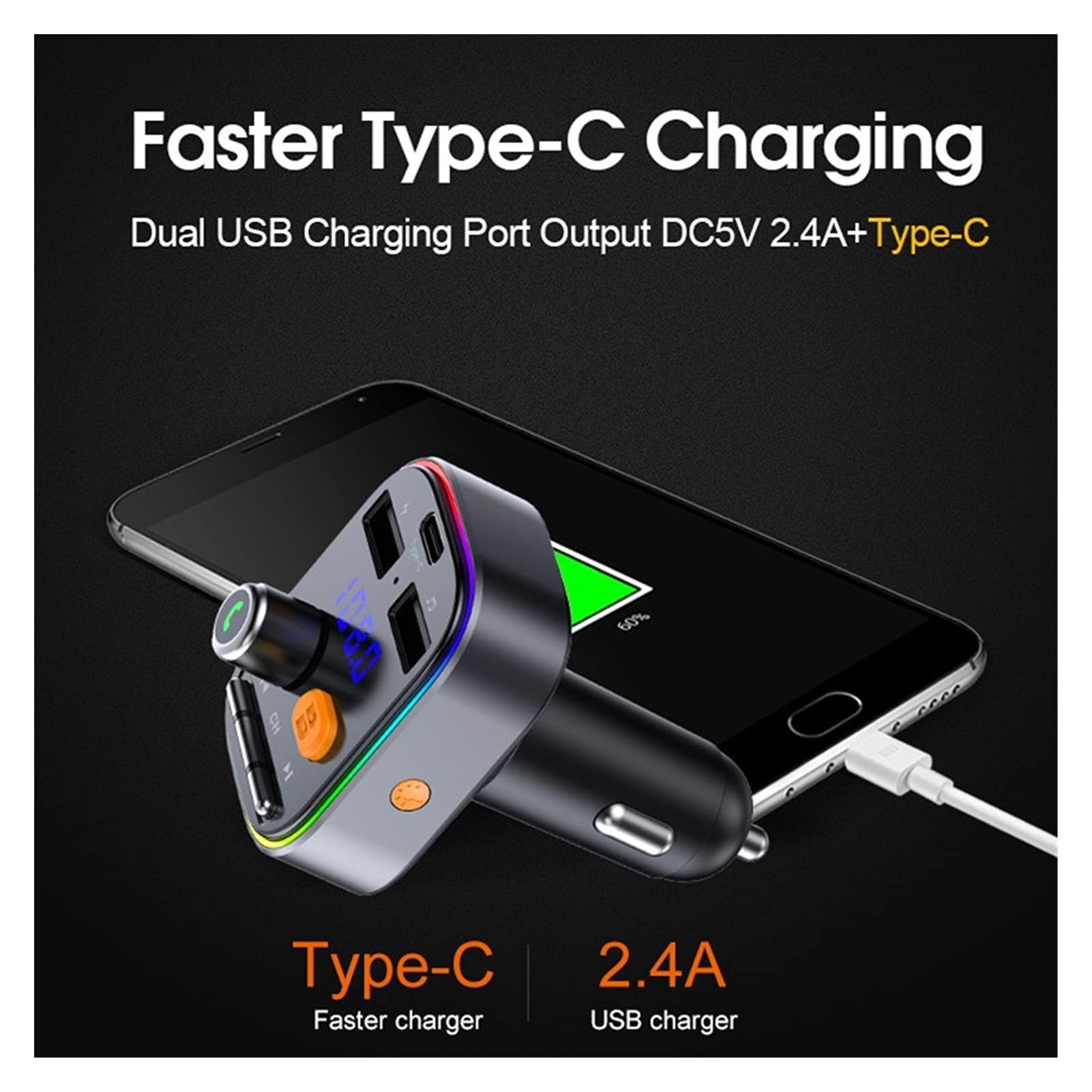 Adaptateur Audio Bluetooth Voiture multifonctionnelle MP3 Joueur FÉMININ Transmetteur Bluetooth Kit Dual sans Mains USB Support DE Charge DE Type-C TF Carte U Disk