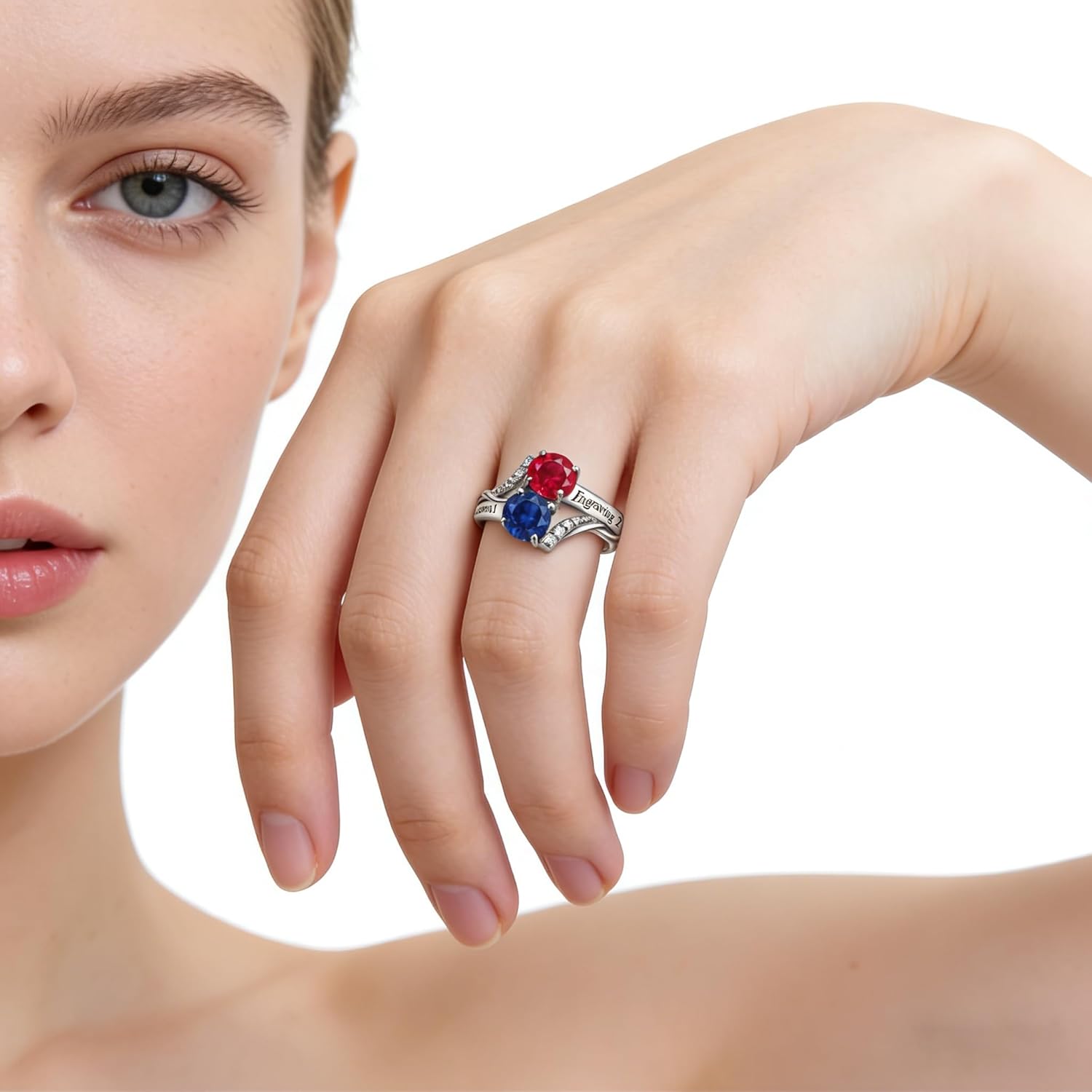 10K 14K 18K Gold Personalized Rings for Women, Custom 2 Gemstone/Birthstones Engraved Ring Jewelry Gift for Valentines Day Anniversary Mother's Day Christmas Birthday