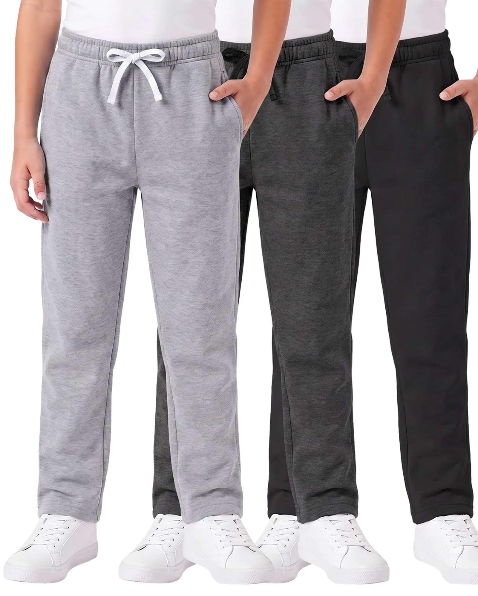 3 Pack Boys' Fleece Sweatpants Open Bottom Athletic Pockets Kids Teen