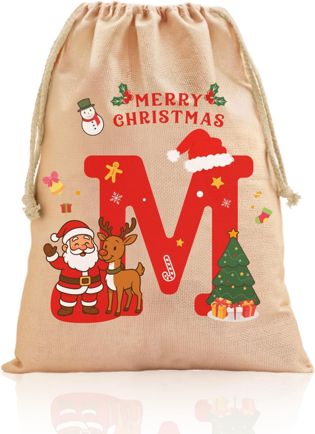 Fohufo Large Christmas Gift Bag 19.6×25.5in – Reusable Burlap Storage Sack with Initial Santa Sacks, Holiday Party Supplies, Christmas Decorations, Letter M